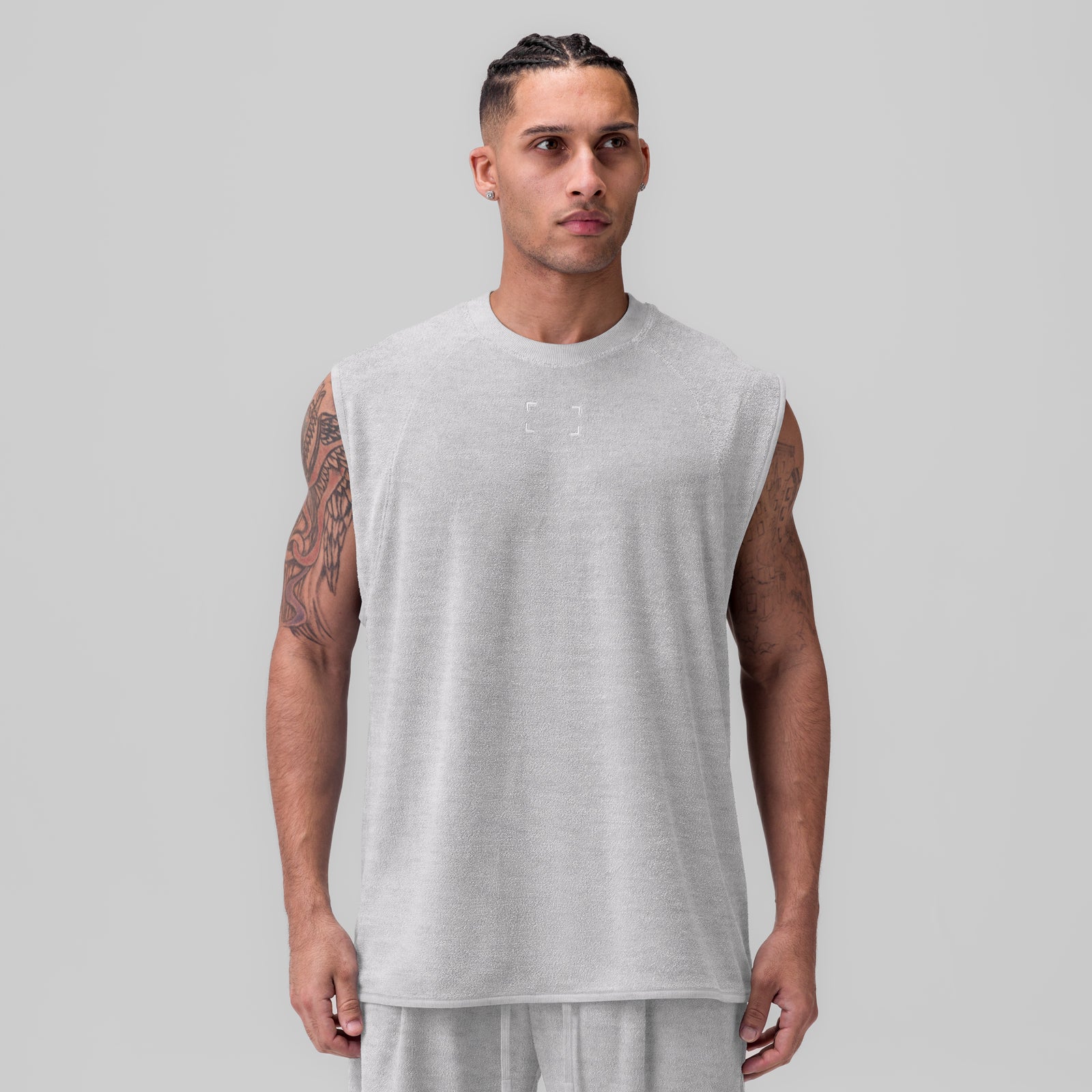 Towel Terry Cutoff sleeveless tank in heather grey, front view on model