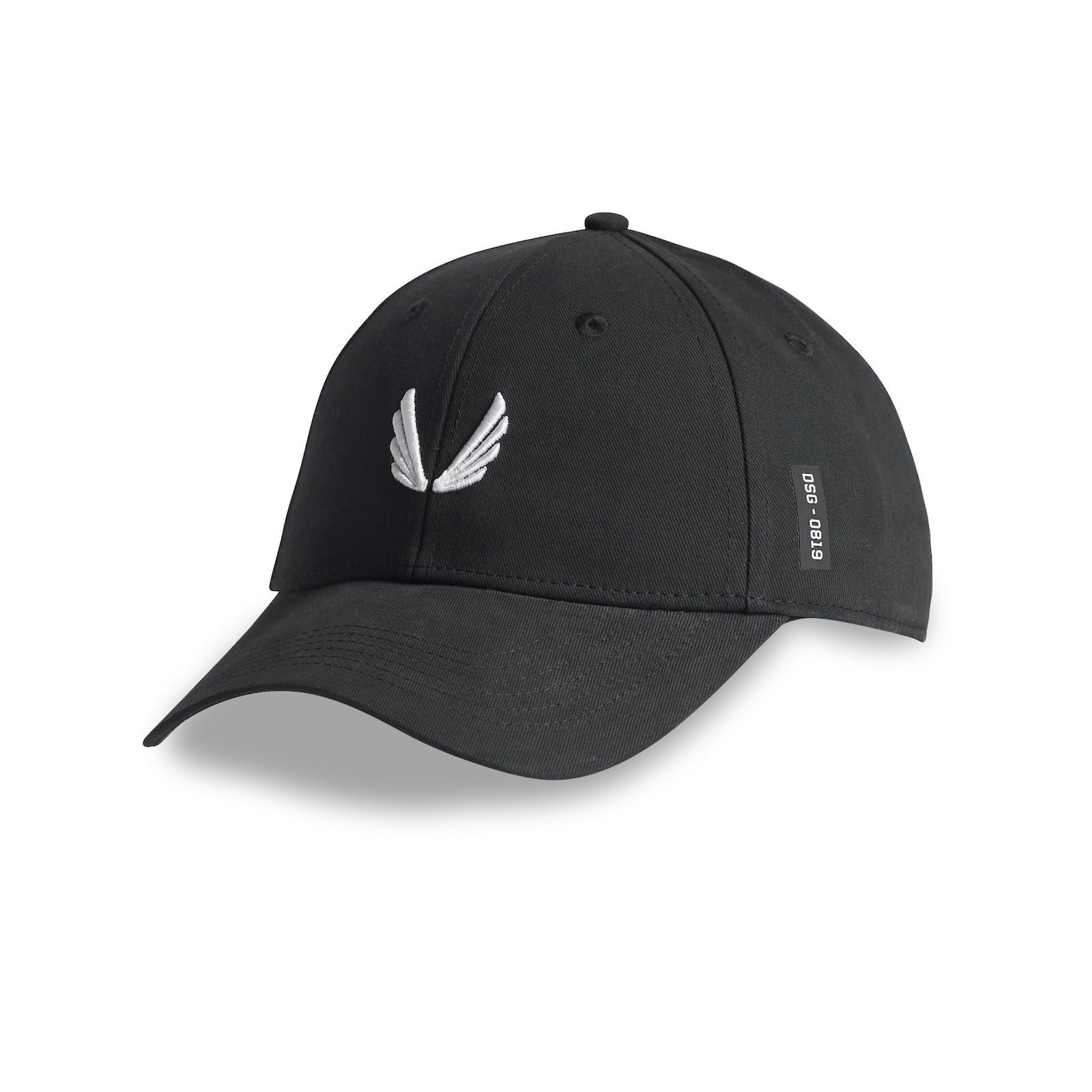 flatlay Sport Cap in black with white wings logo, front view