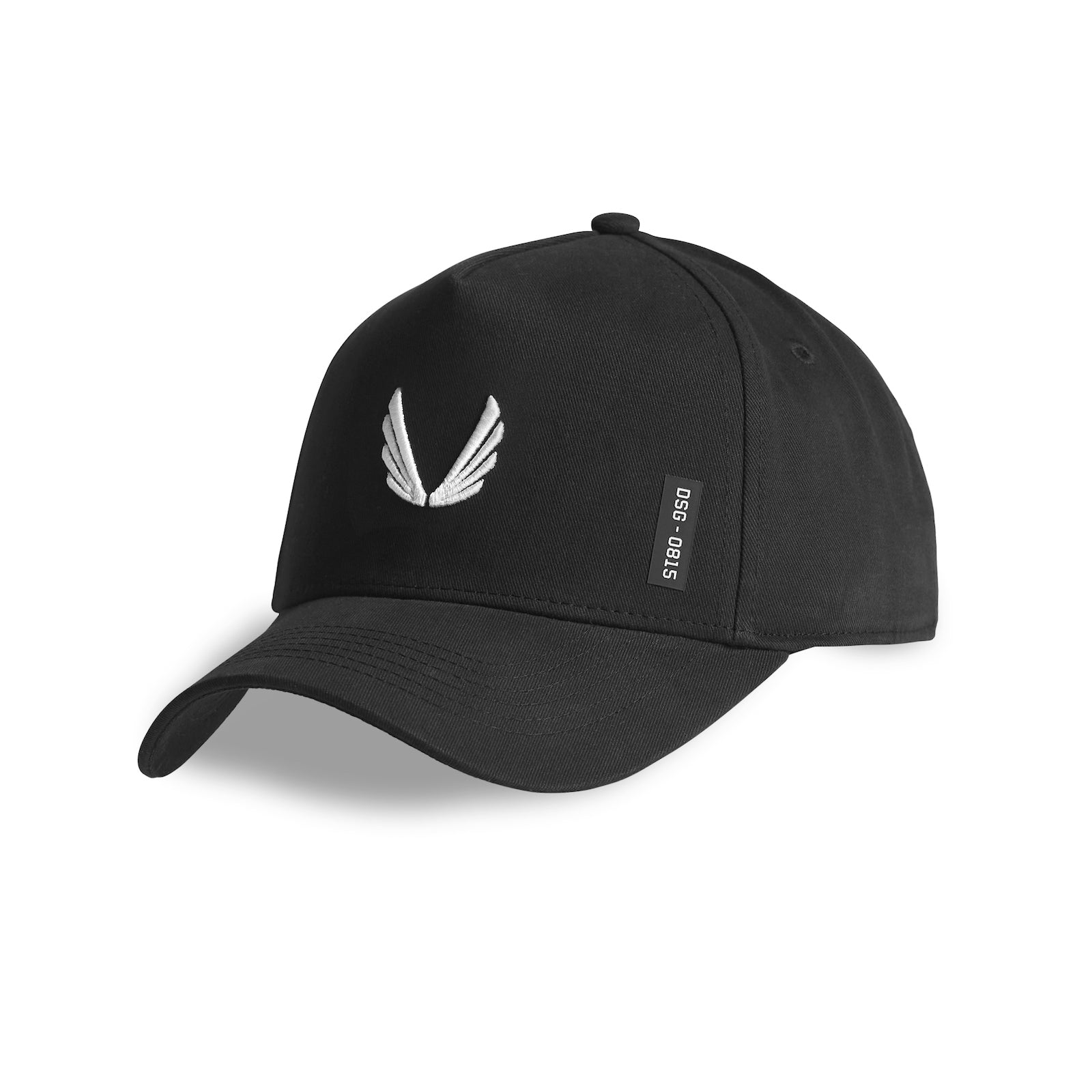 0815 A-Frame Hat in black with white wings logo, angled product view
