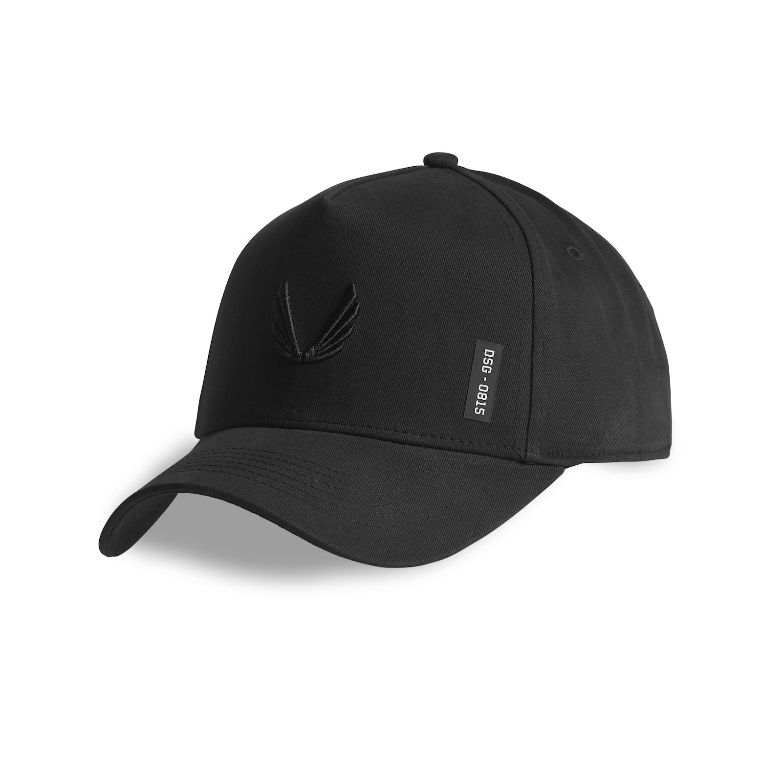 Black A-Frame Hat with Wings logo, angled product shot on white background