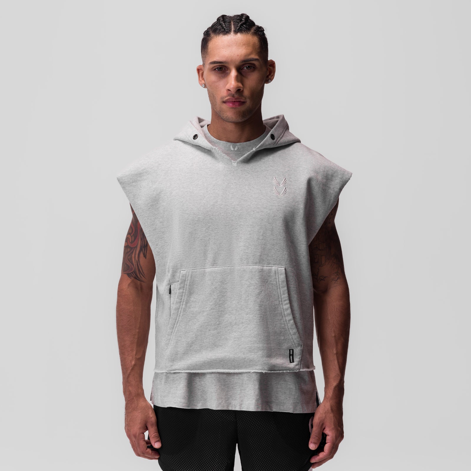 Tech Essential Raw Hem Cutoff Hoodie in heather grey, modeled front view