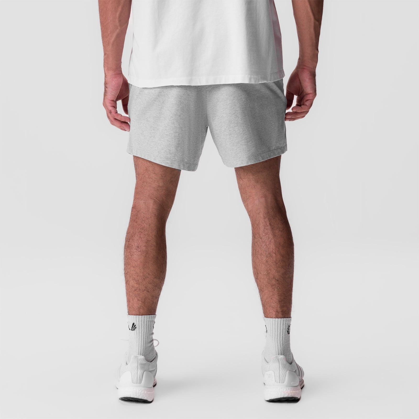 Tech Essential Sweat Short in Heather Grey, rear view on model