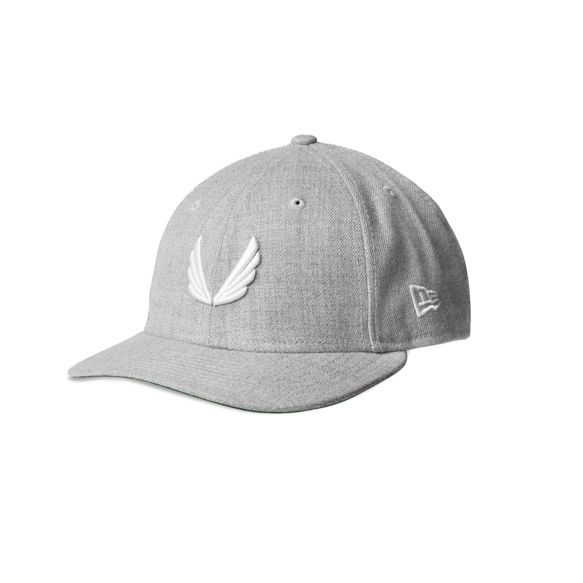 flatlay New Era 59Fifty Low Profile Hat in heather grey with white wings logo, front view