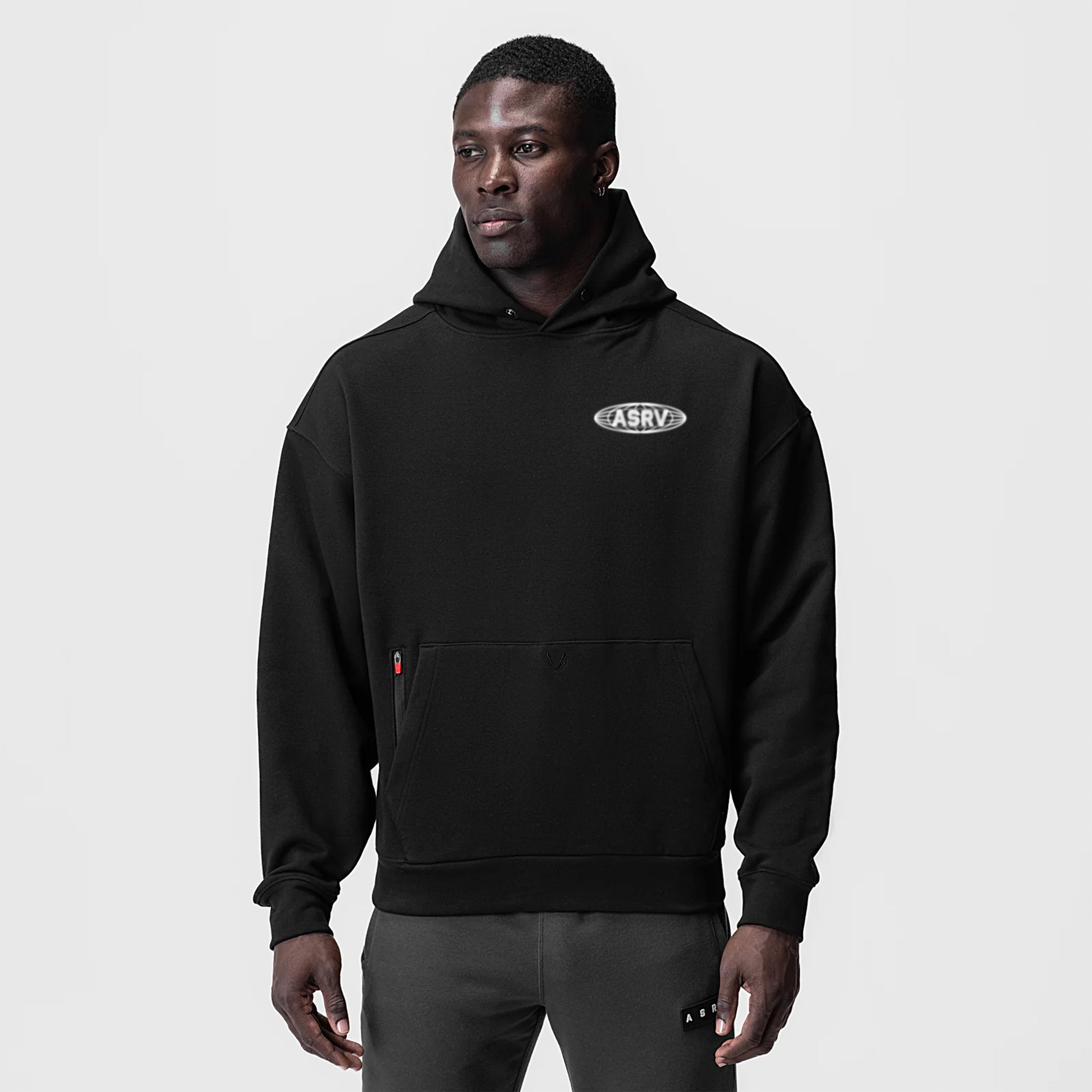 Tech-Terry Zip Pocket Hoodie in black, front view on model