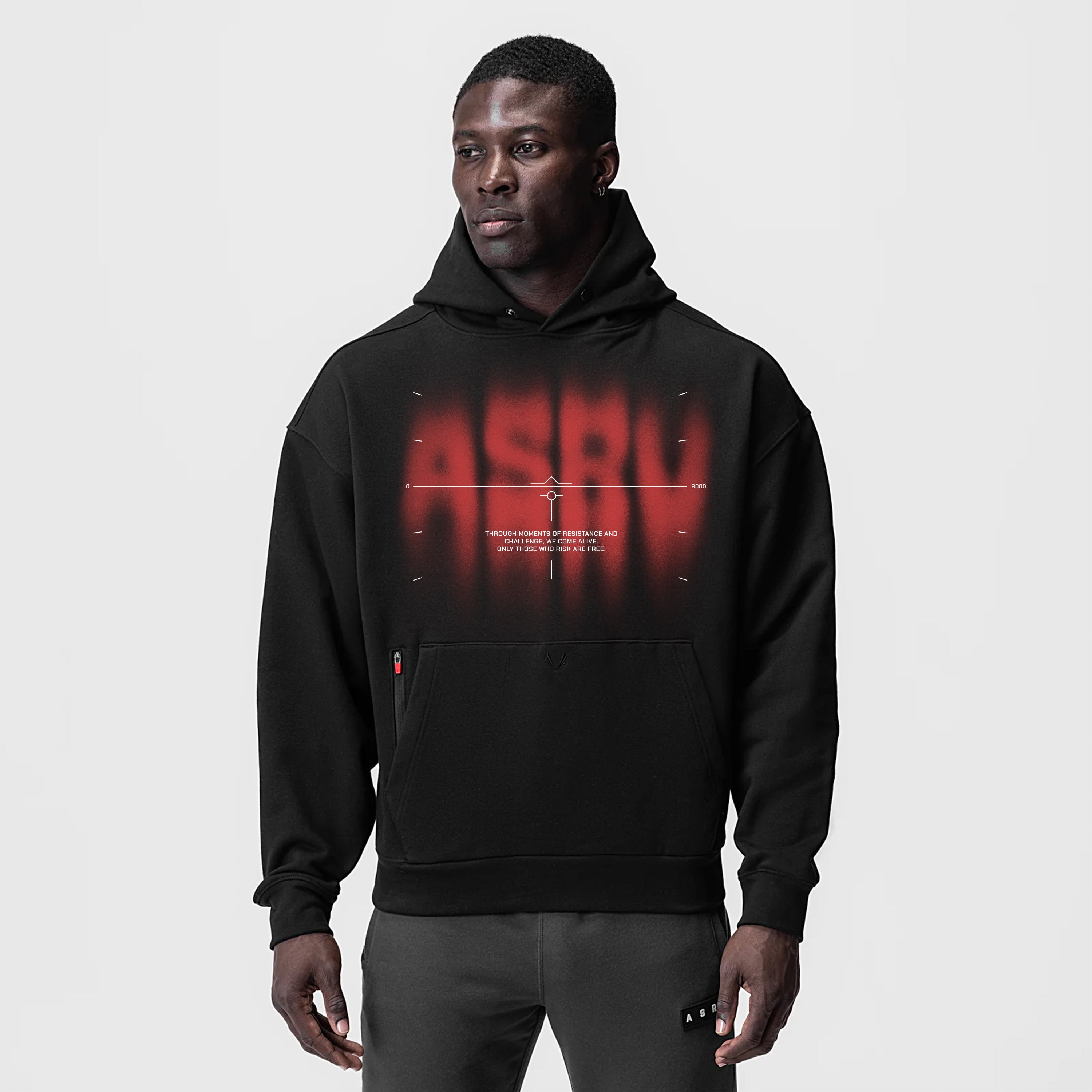 Tech-Terry™ Zip Pocket Hoodie in black with red graphic print, worn by model