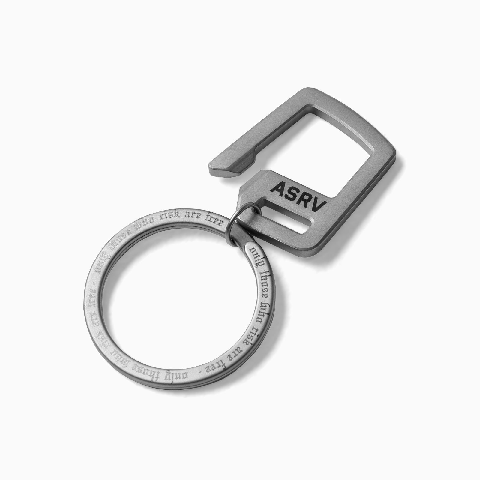 flatlay Hook Loop Keychain in stainless steel, overhead view showing rectangular attachment and circular ring