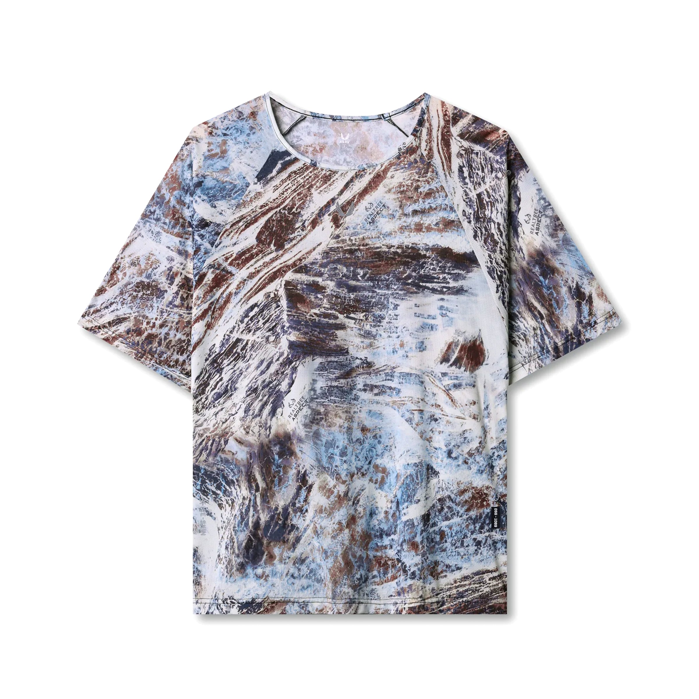 flatlay Ice-Skin Oversized Tee in brown and blue Realtree Aspect camo print, front view