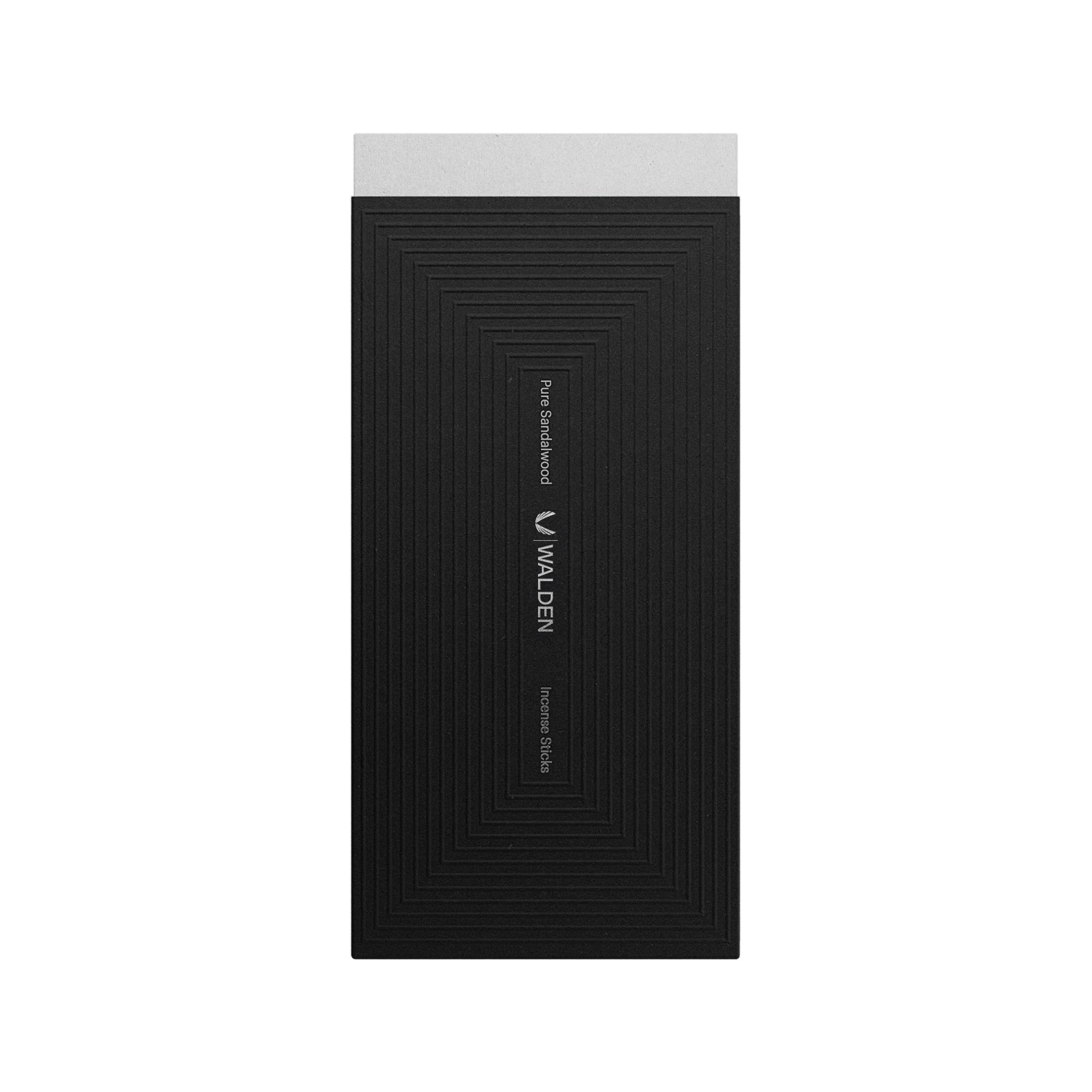 Flatlay of ASRV x Walden Pure Sandalwood incense sticks box in black with nested rectangle design