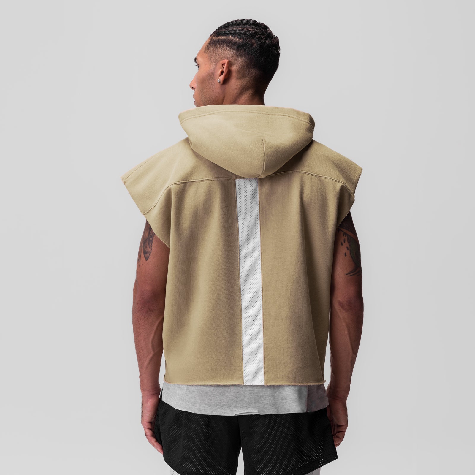 Tech Essential Raw Hem Cutoff Hoodie in khaki, back view on model