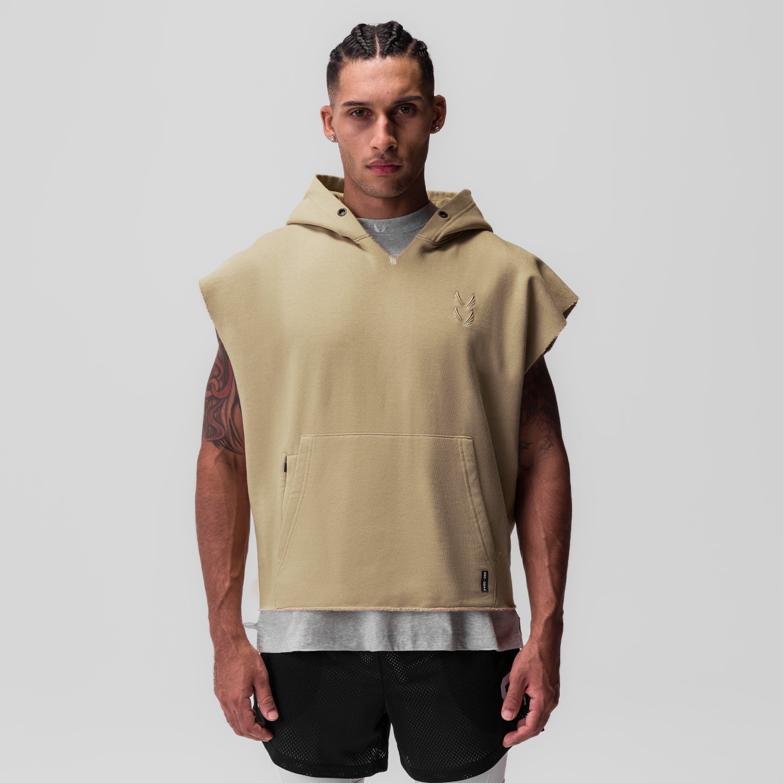 Tech Essential Raw Hem Cutoff Hoodie in khaki, worn by male model, front view