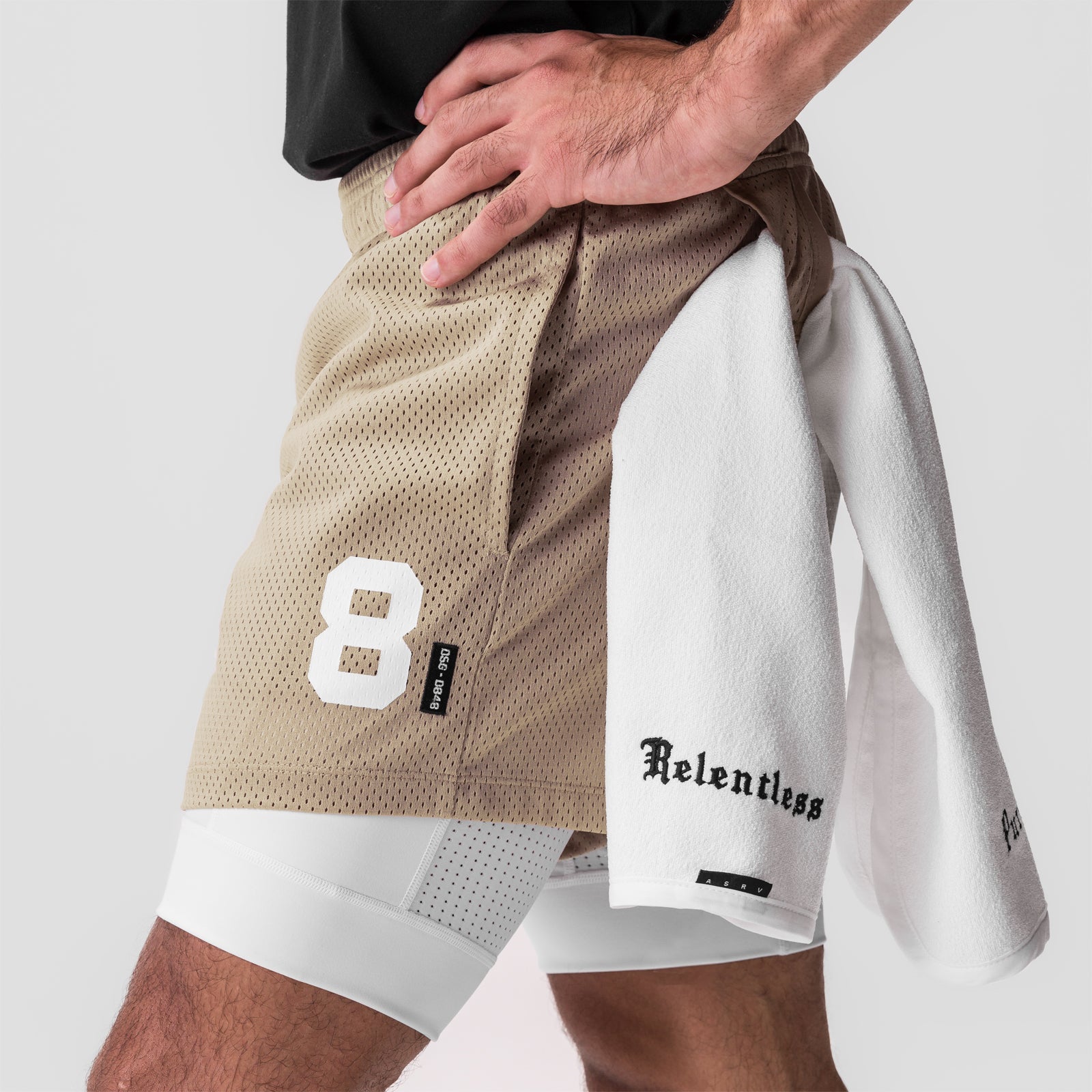 0848 SilverPlus Mesh 5" Liner Short in khaki and white, worn by model