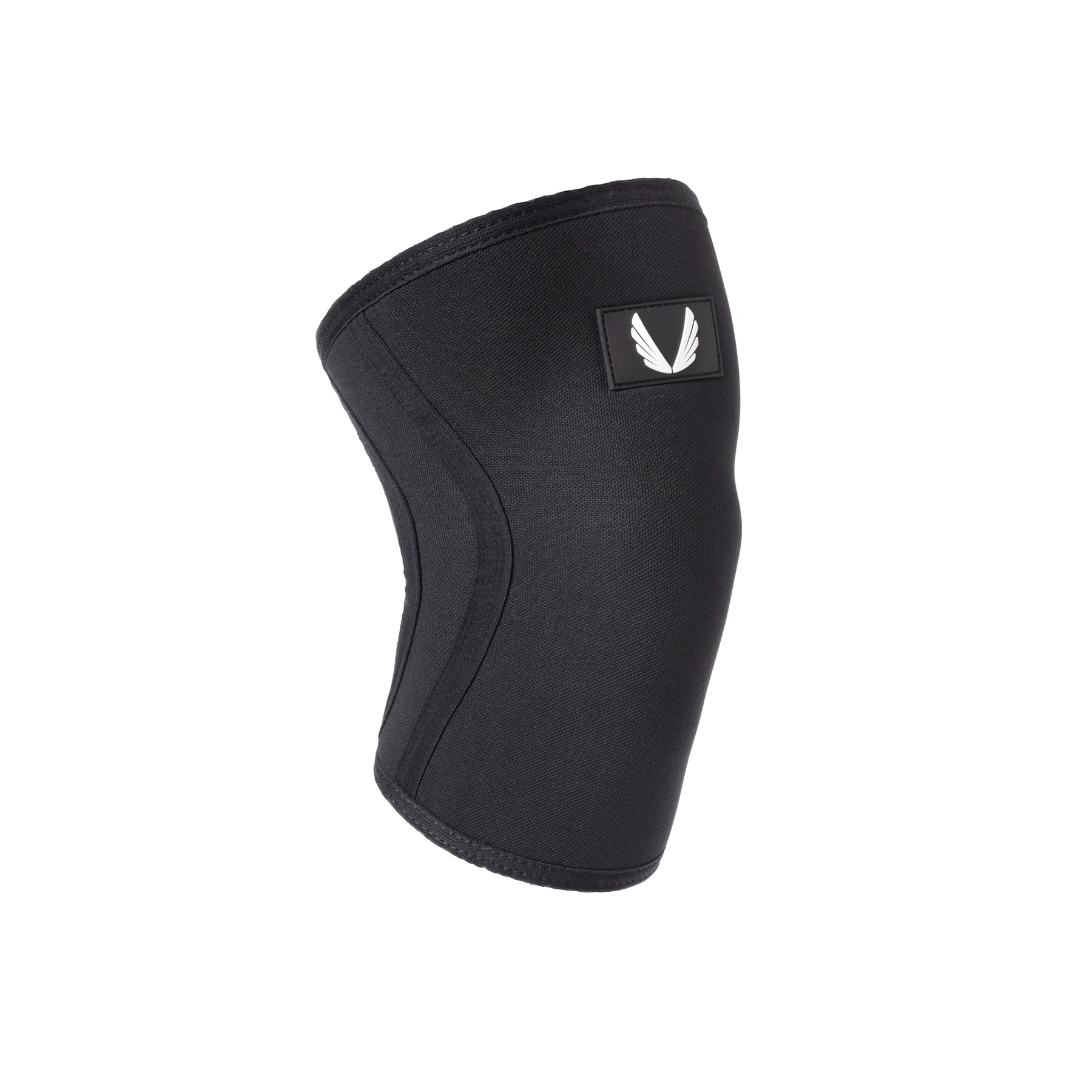 Black knee sleeve support brace displayed on angled stand against white background