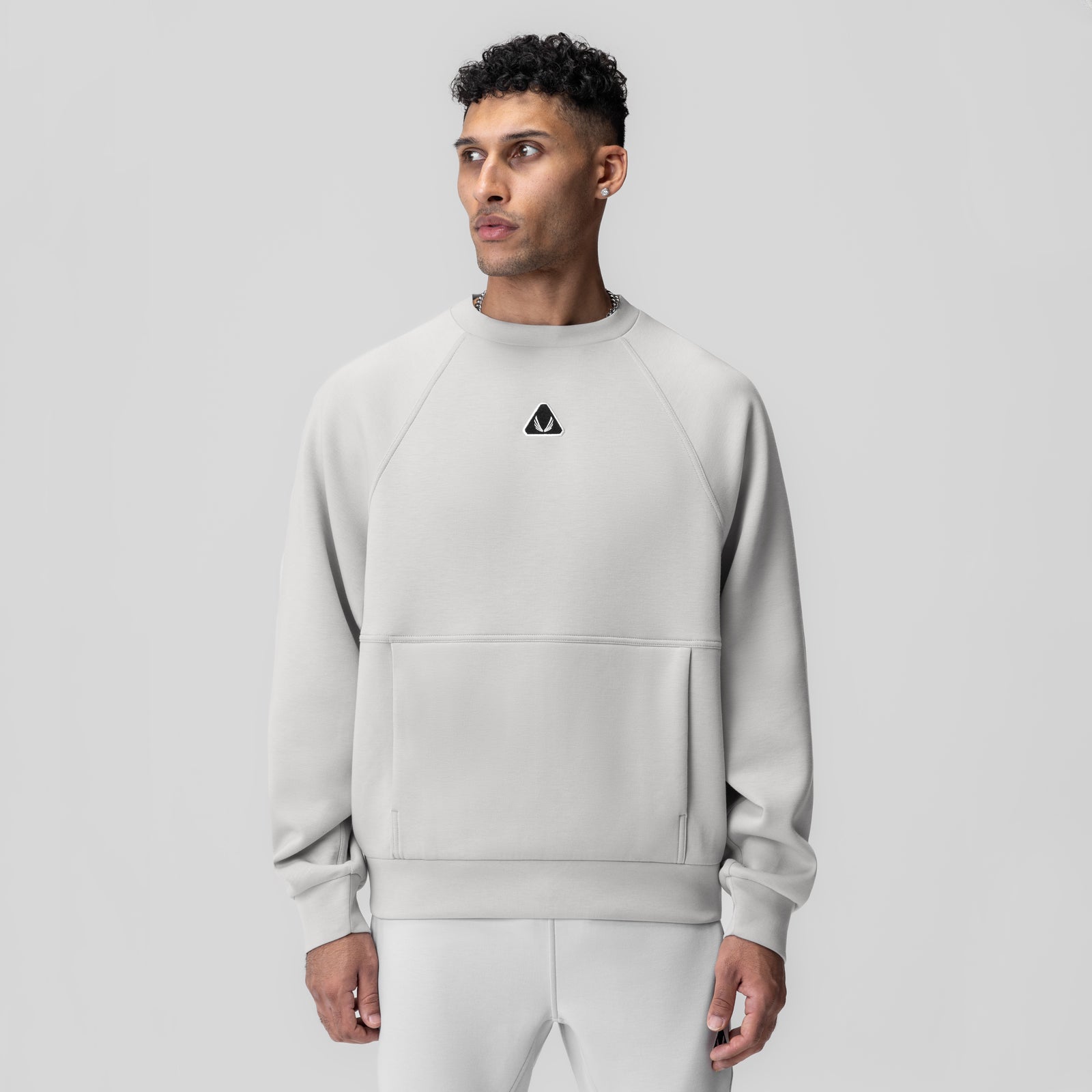 Dri-Core™ Oversized Crewneck in light grey, worn by model, front view