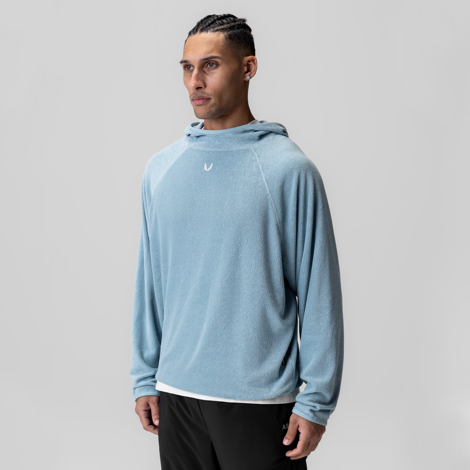 Towel Terry Reversible Hoodie in Light Sky, worn by model, front three-quarter view
