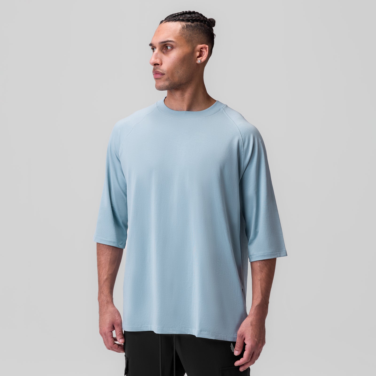 Supima® 3/4-Sleeve Oversized Tee in light sky, worn by model facing right