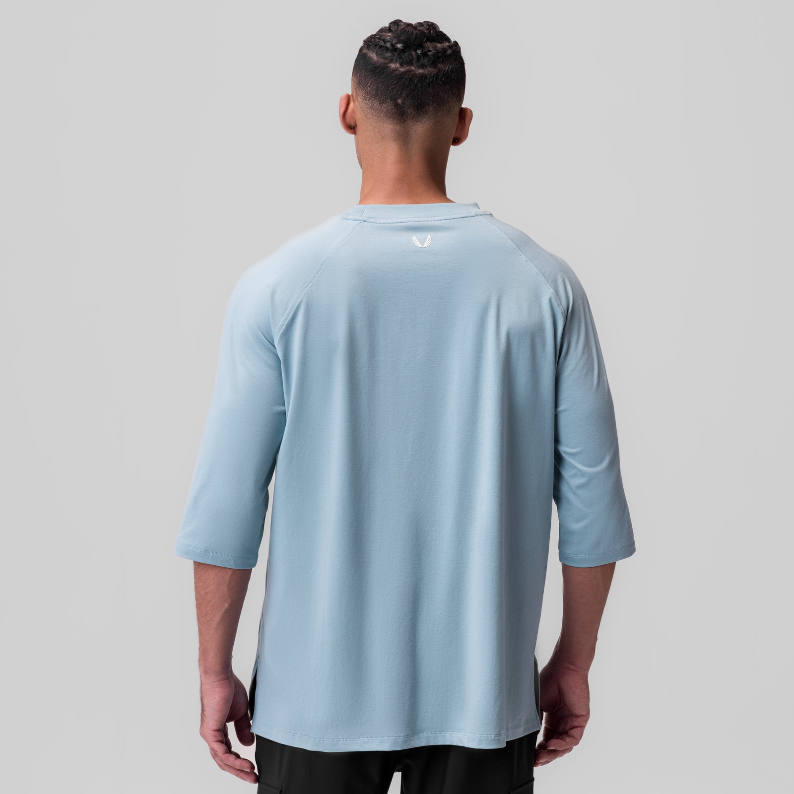 Supima® 3/4-sleeve oversized tee in light sky, back view on model