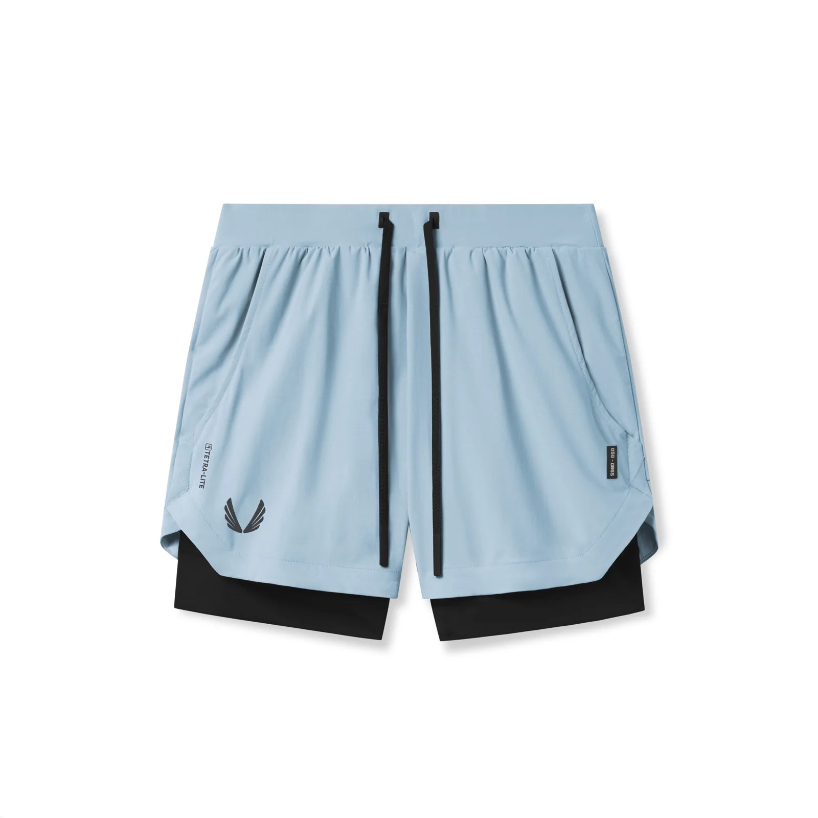 flatlay Tetra-Lite 5" liner shorts in light sky blue and black, top view