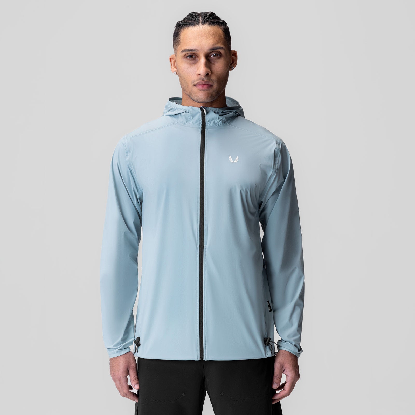 Aerotex Lightweight Windbreaker in Light Sky, worn by male model, front view