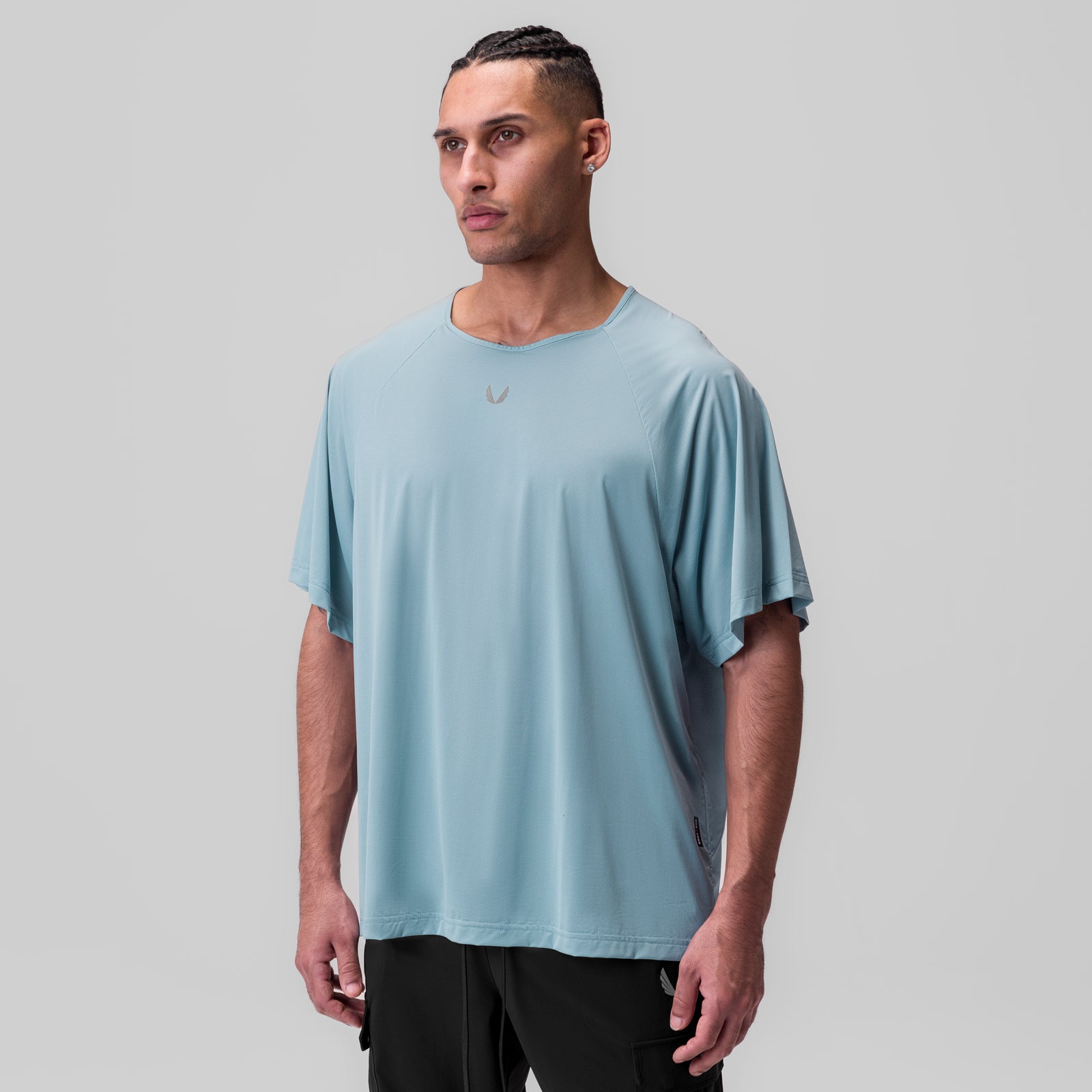 Ice-Skin™ Oversized Tee in light sky blue worn by model, front view