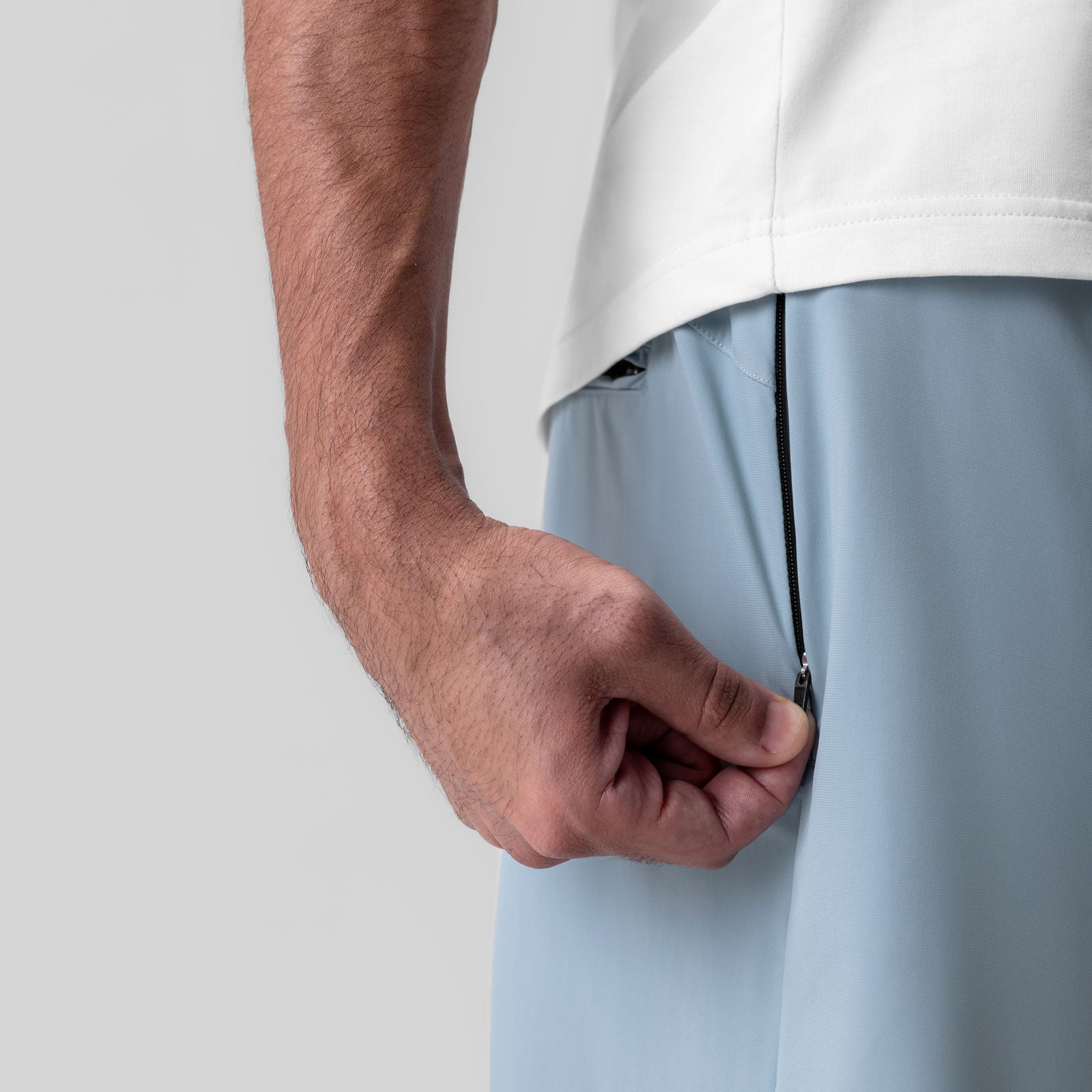 Revolutional Field Short in Light Sky, worn by model showing side pocket detail