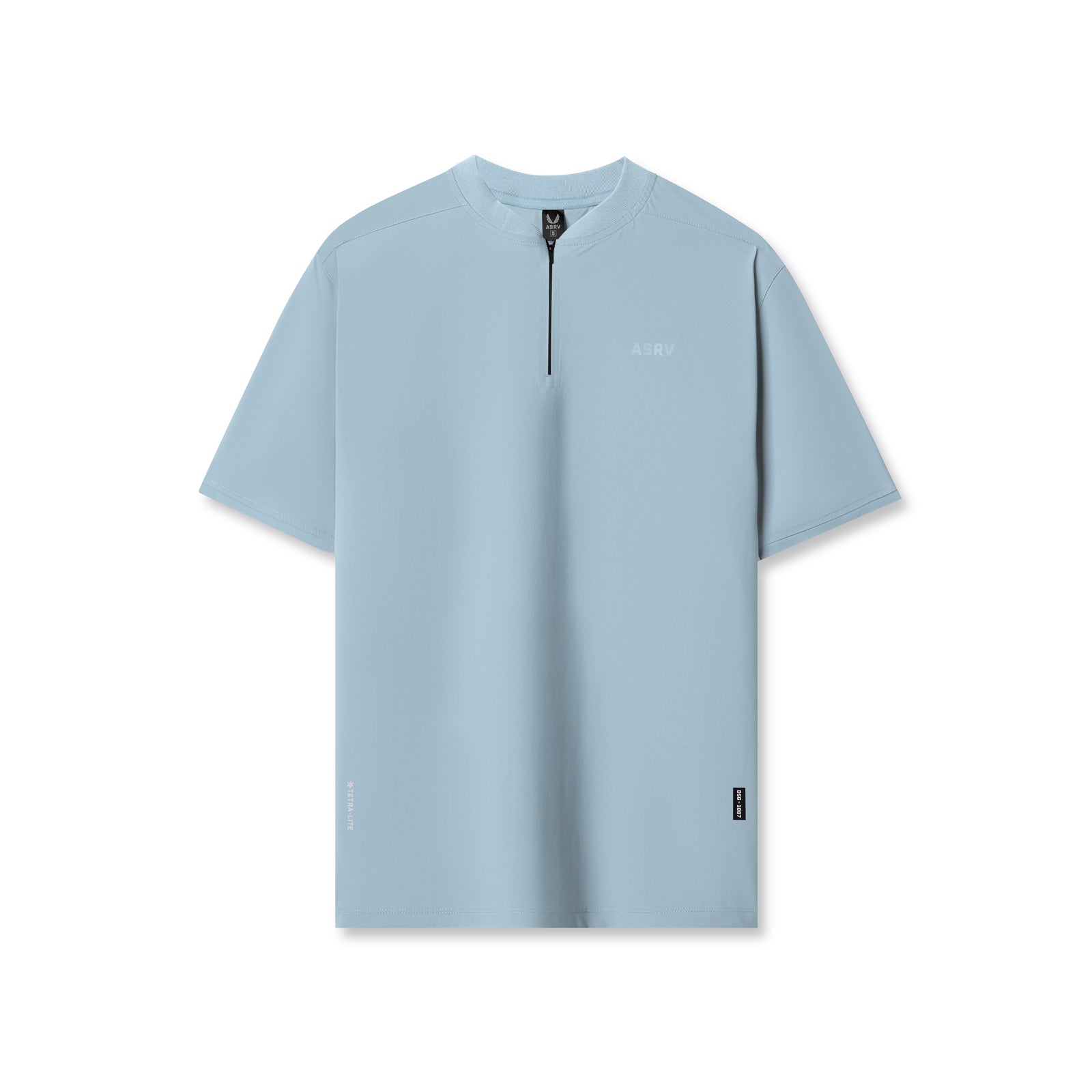 Flatlay of ASRV Tetra-Lite® Ice Zip Tee in light sky blue, front view