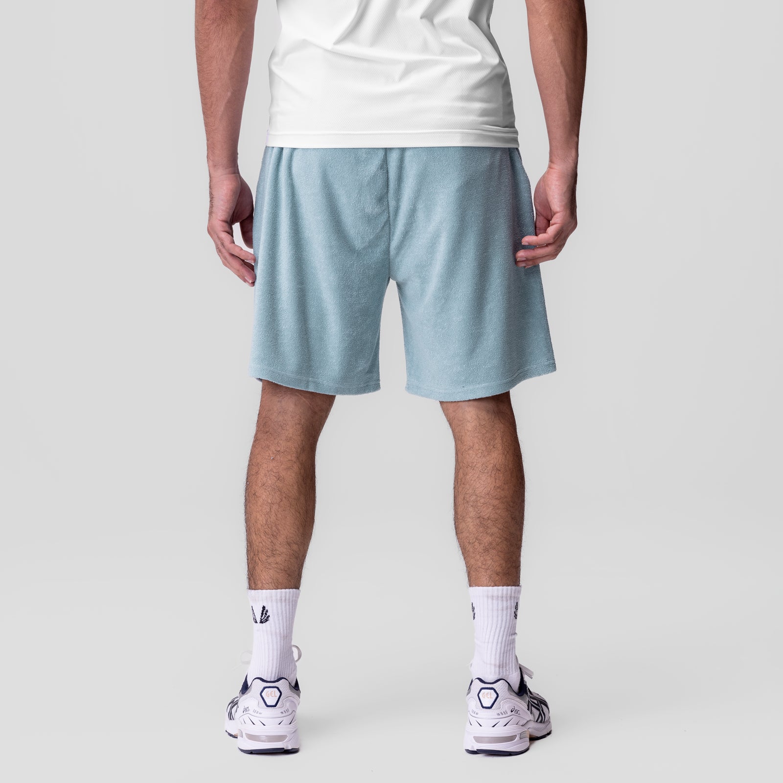Towel Terry Relaxed Short in light sky blue, rear view on model wearing white t-shirt and white socks