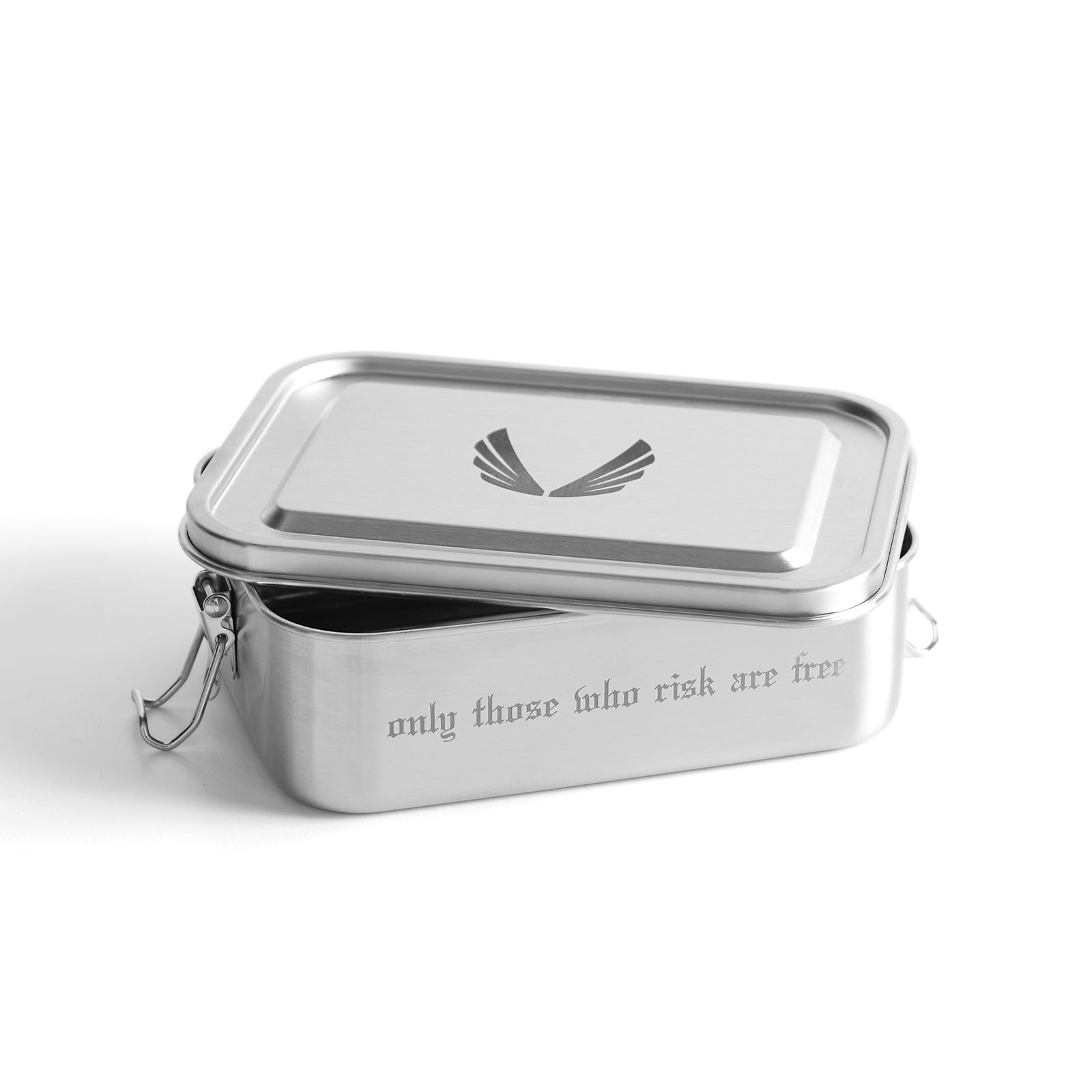 ASRV x SIGG Gemstone Box stainless steel lunch container with winged logo lid, angled view