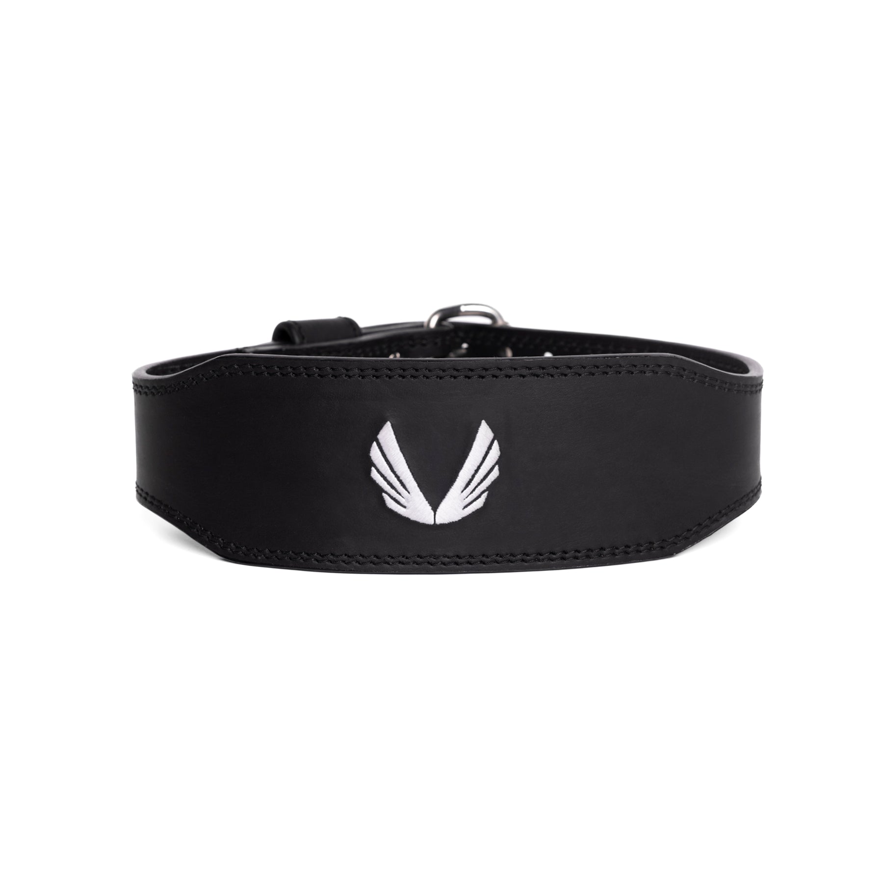 flatlay Leather Lifting Belt in black with white wing logo, front view