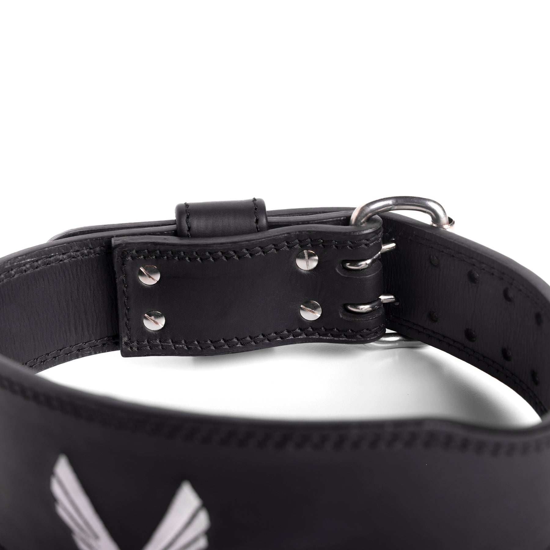 Leather Lifting Belt in black, detail closeup of buckle and stitching