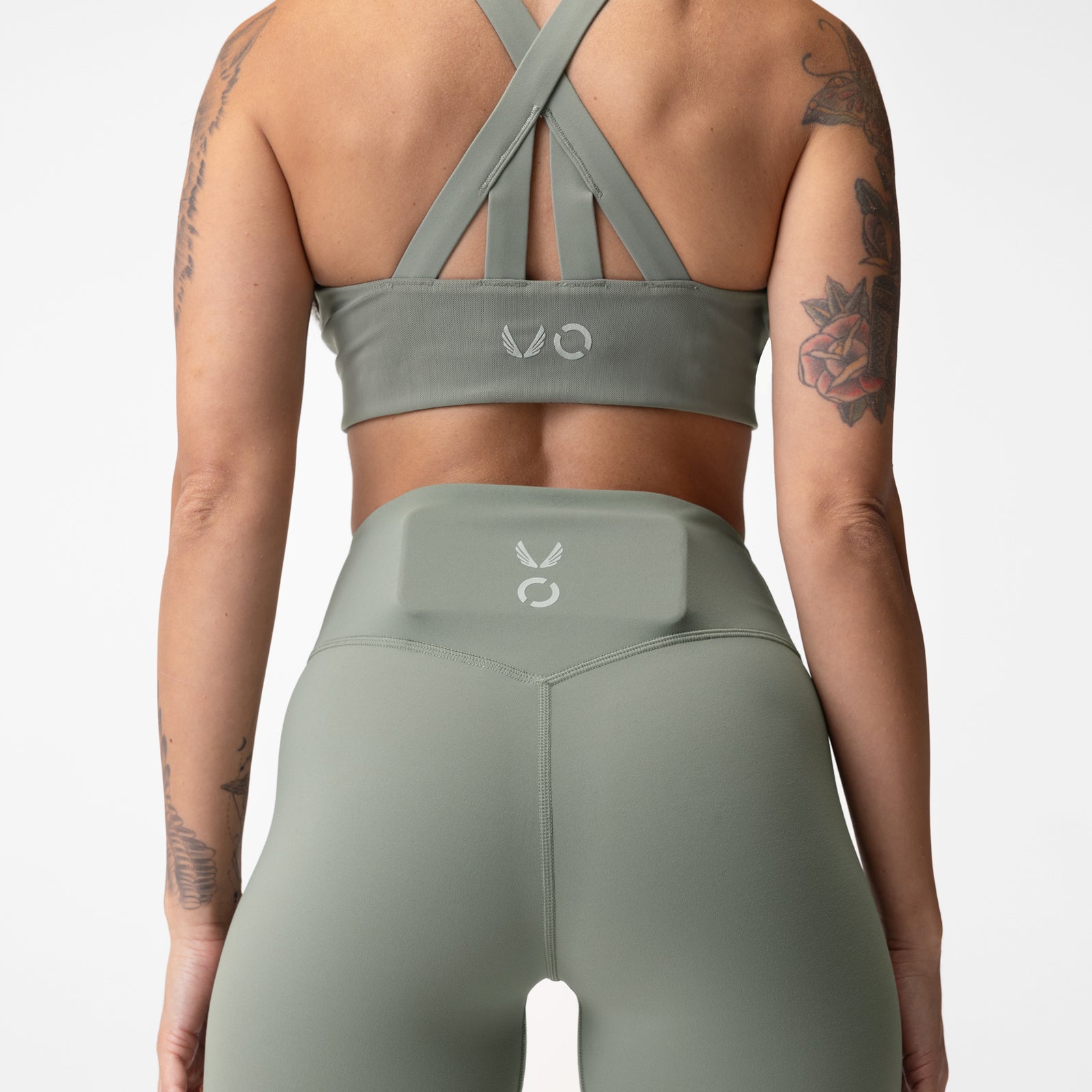 ASRV x Equinox Lycra® 7/8 Legging in sage, back view on model