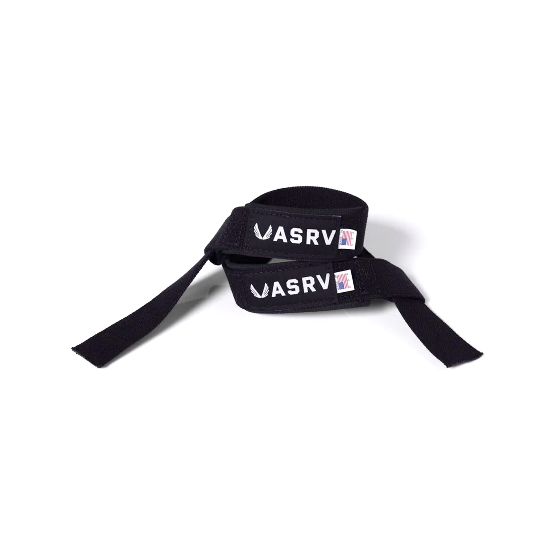 flatlay of black padded lifting straps with VASRV branding, overhead view
