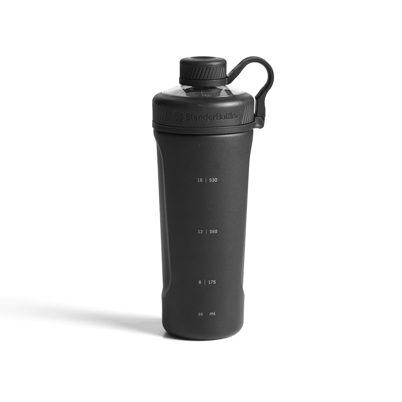 flatlay ASRV x Blender Bottle Radian insulated stainless steel bottle in black, front view