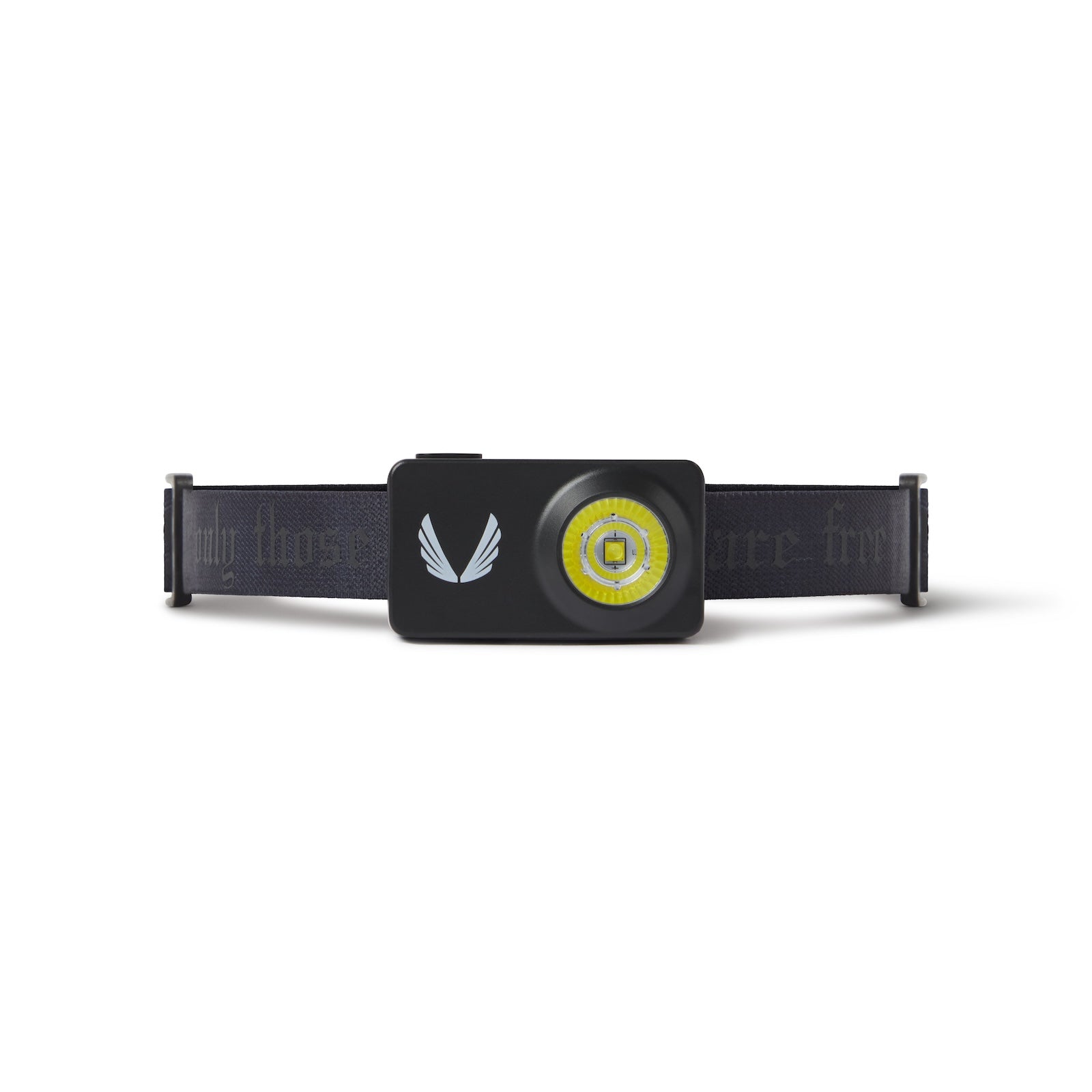 Flatlay of ASRV x Bookman Monocle headlamp in black, front view against white background
