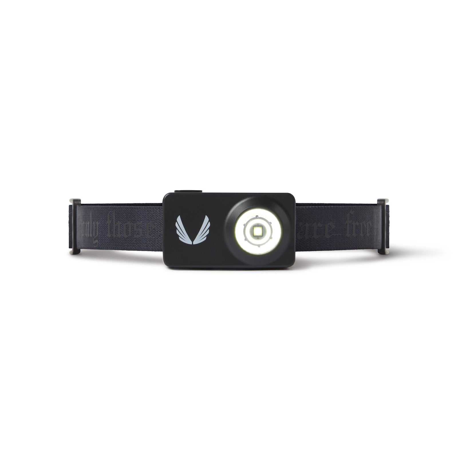 Flatlay of ASRV x Bookman Monocle headlamp in black with elastic band, front view
