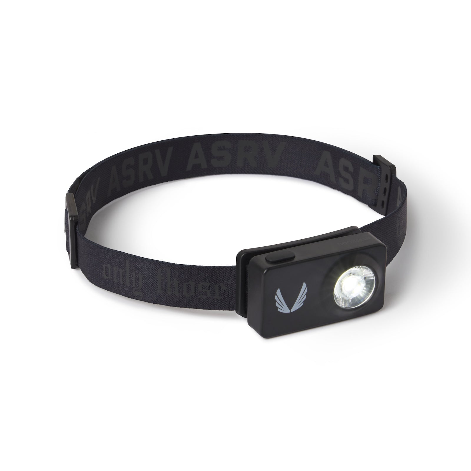 flatlay of ASRV x Bookman Monocle headlamp in black, front view