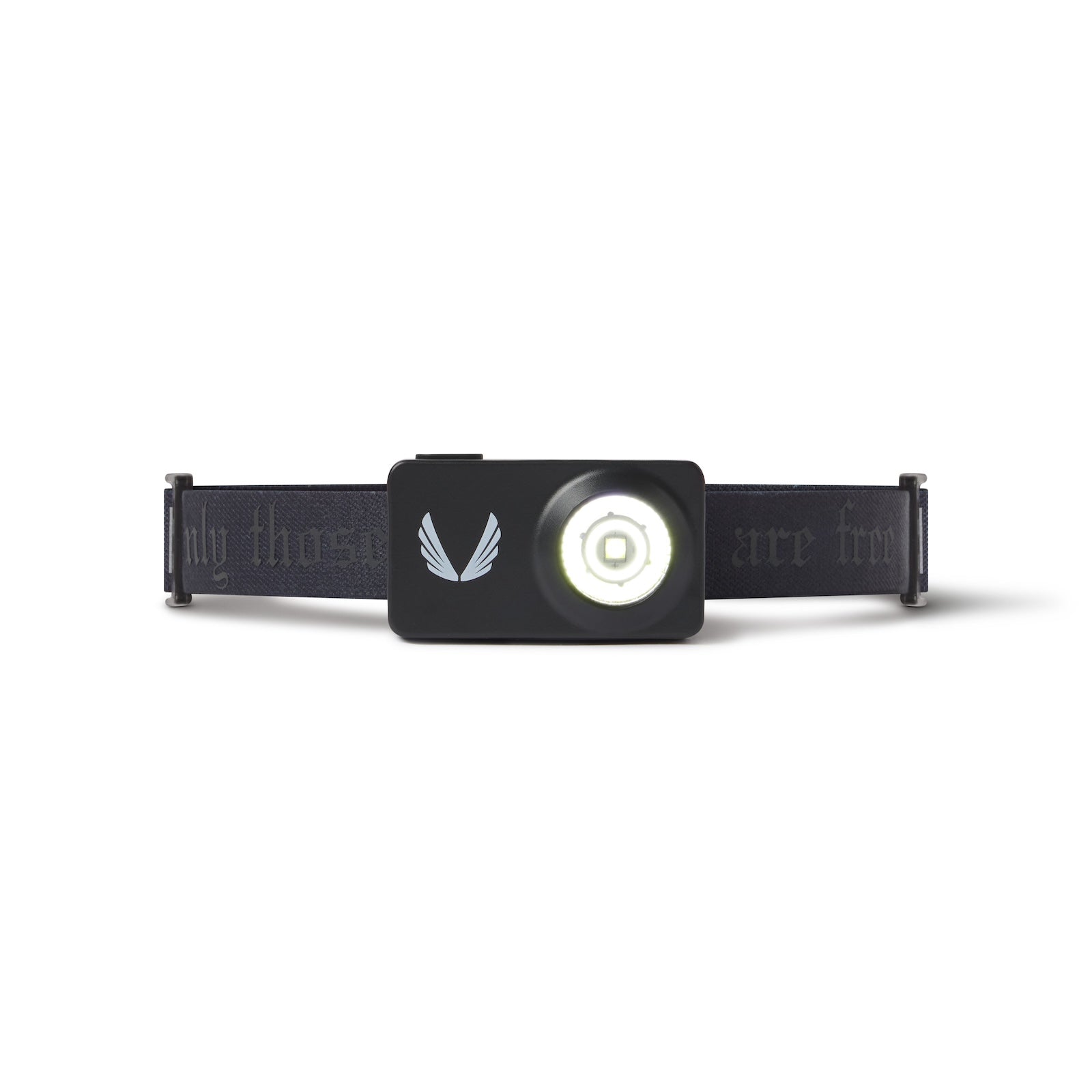 Flatlay of ASRV x Bookman Monocle headlamp in black with silver accents, front view