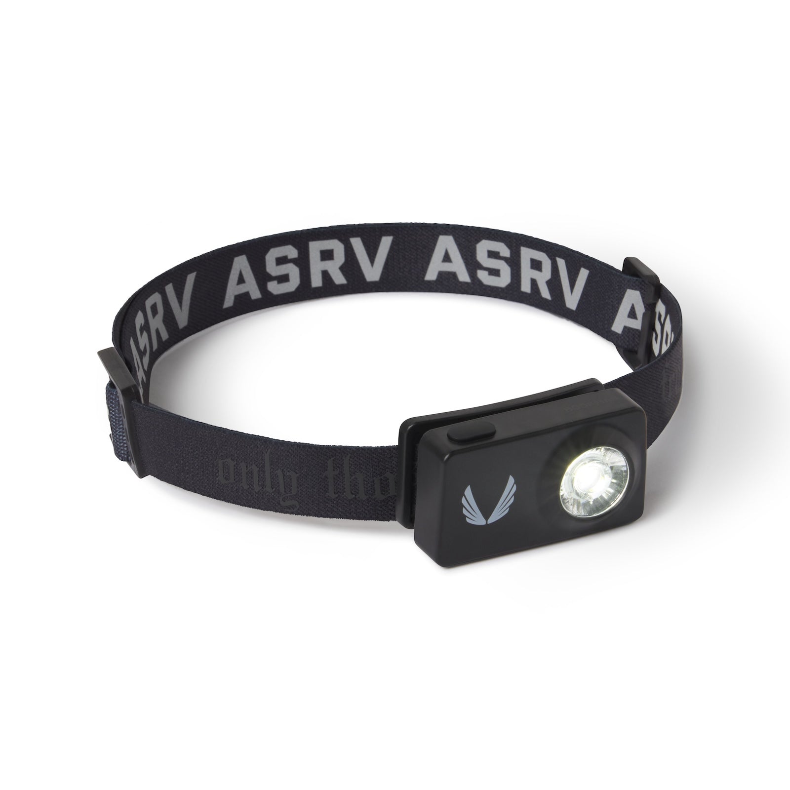 flatlay ASRV x Bookman Monocle headlamp in black with silver accents, front view
