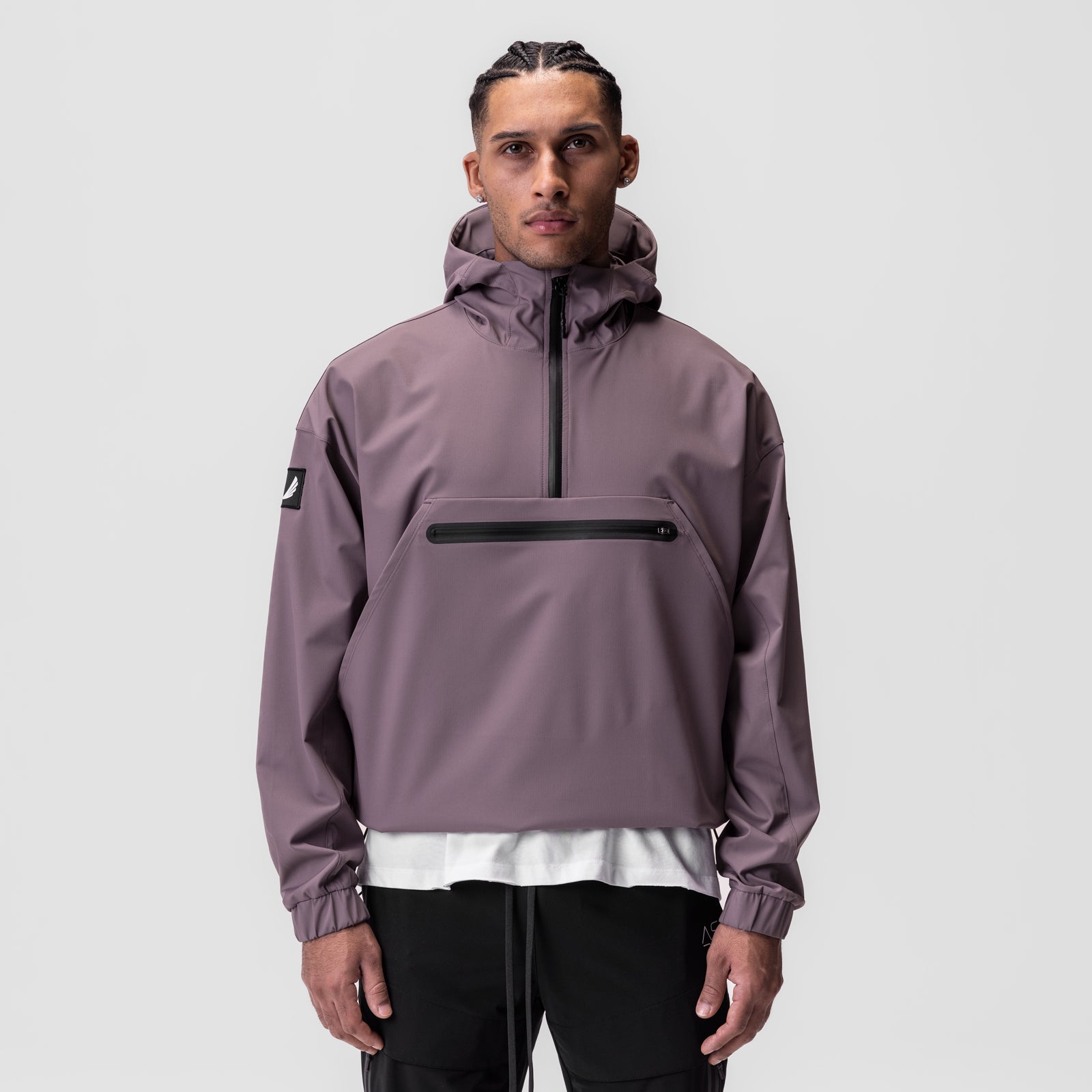 Weather-Ready Anorak Jacket in Moonscape purple, worn by model, front view