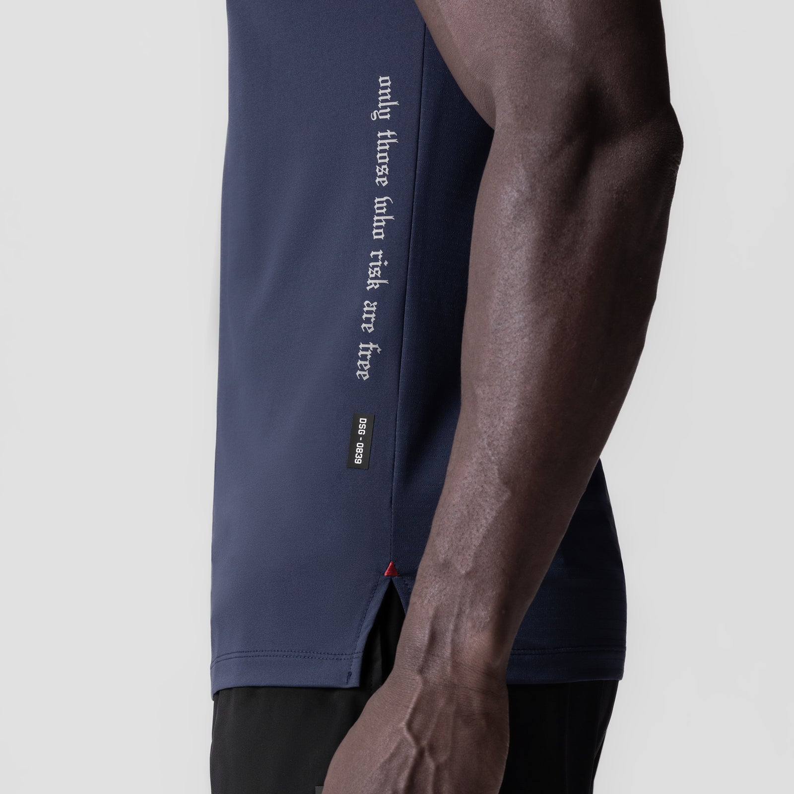 0839. 3D-Lite® 2.0 Lycra® Fitted Tee in navy with OTWR text, worn by model, side view