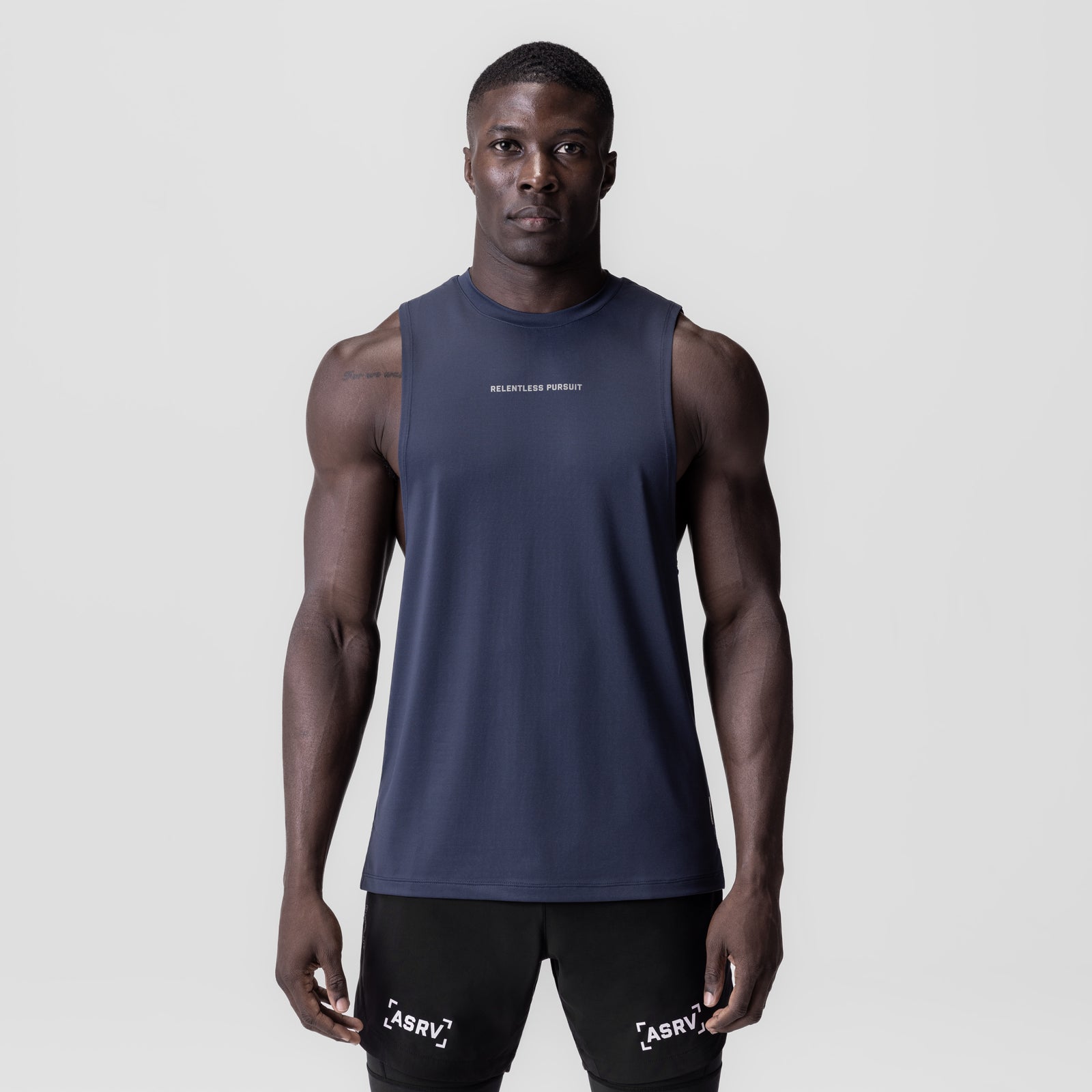 Navy 3D-Lite® 2.0 Lycra® muscle tank on model, front view