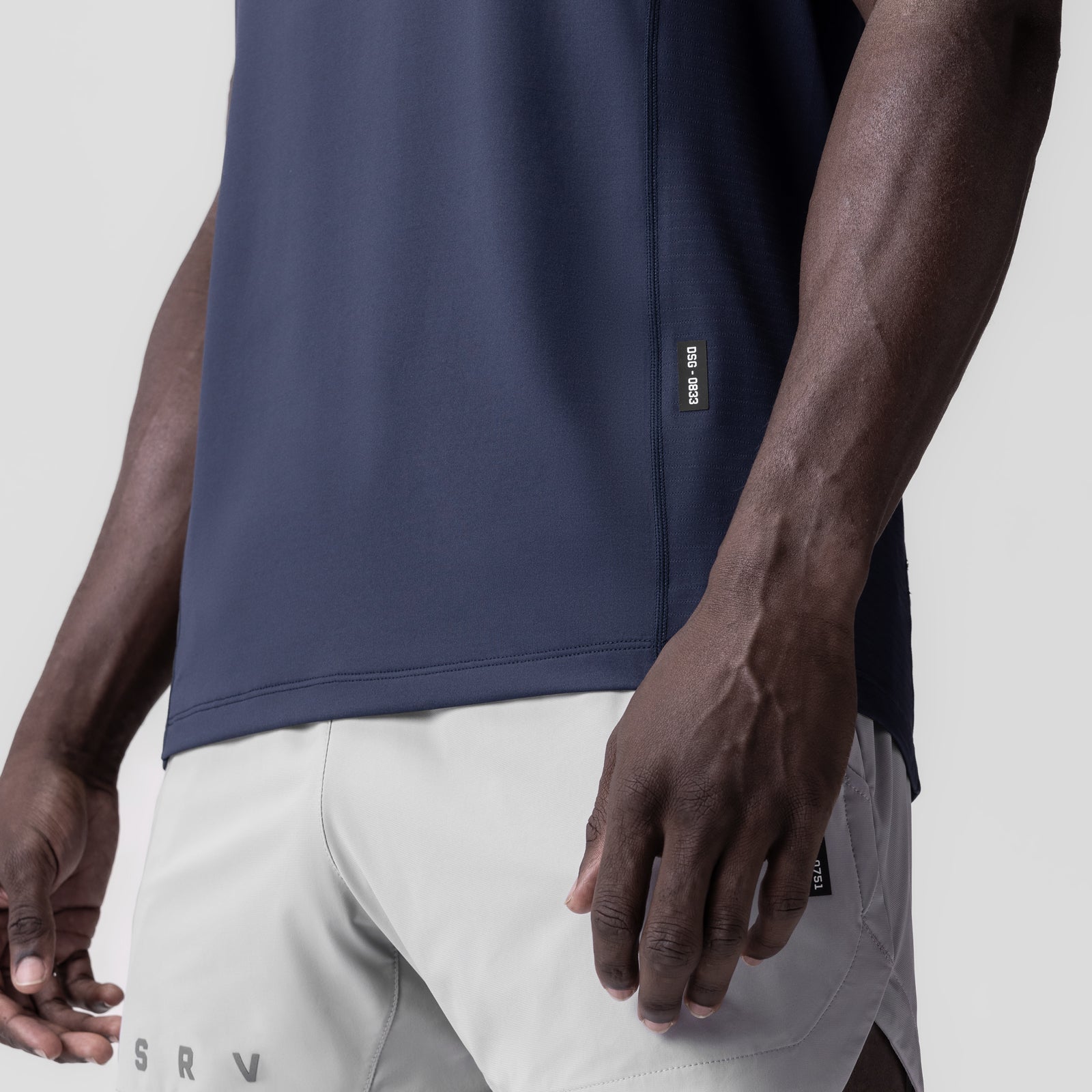 Navy 3D-Lite® 2.0 Lycra® Pro Singlet worn by model, side view detail