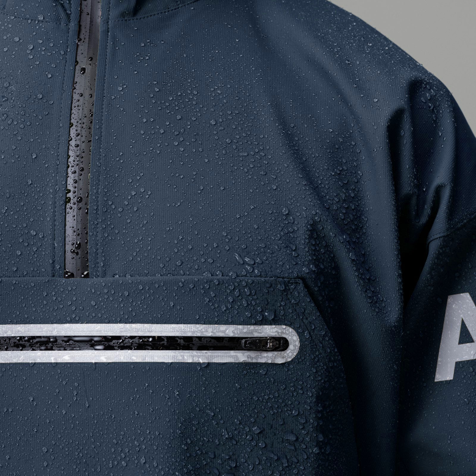 Weather-Ready Anorak Jacket in navy with white stripe detail, closeup of fabric and zipper