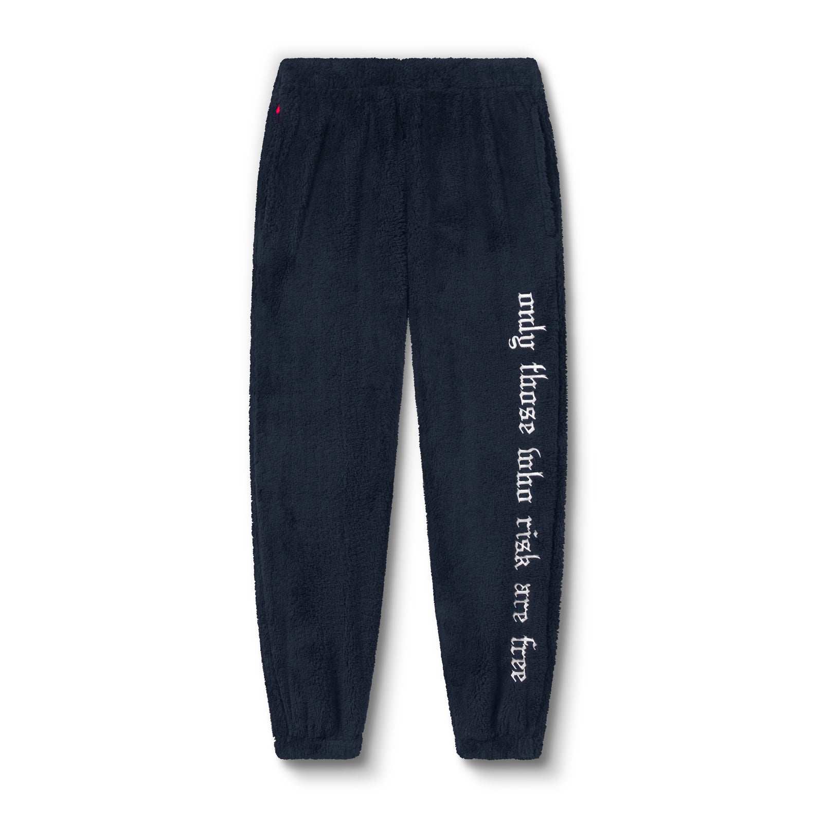 Flatlay of Sherpa Recovery Sweats joggers in navy with white text on leg, front view