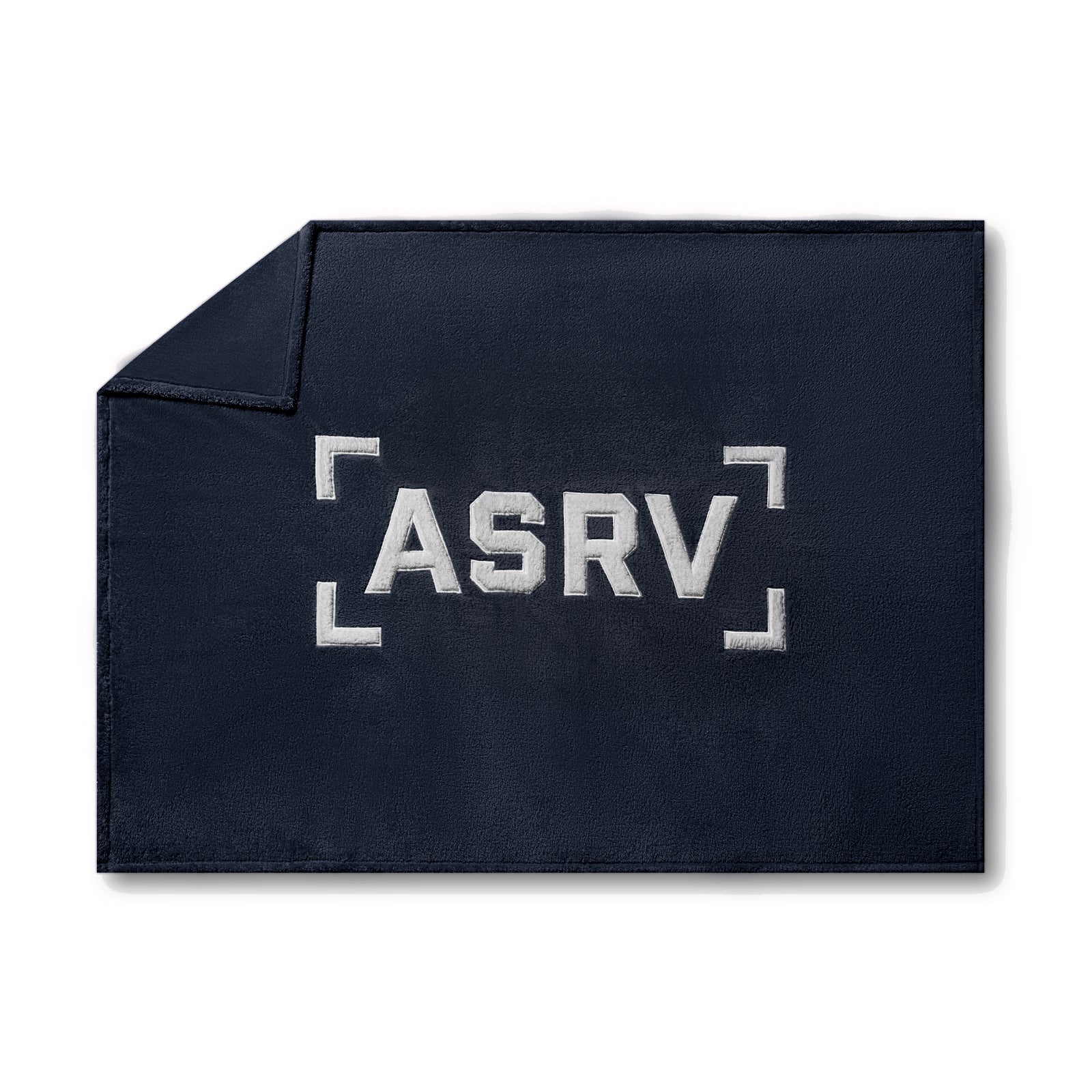flatlay Sherpa Recovery Blanket in navy with white ASRV logo embroidery, top view