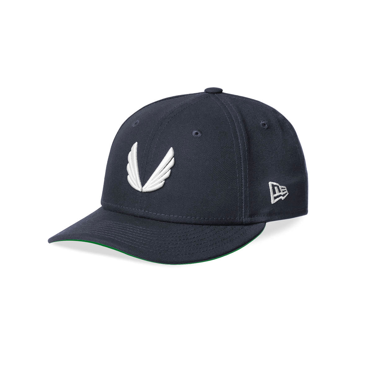 flatlay New Era 59Fifty Low Profile Hat in navy with white wings logo, front view
