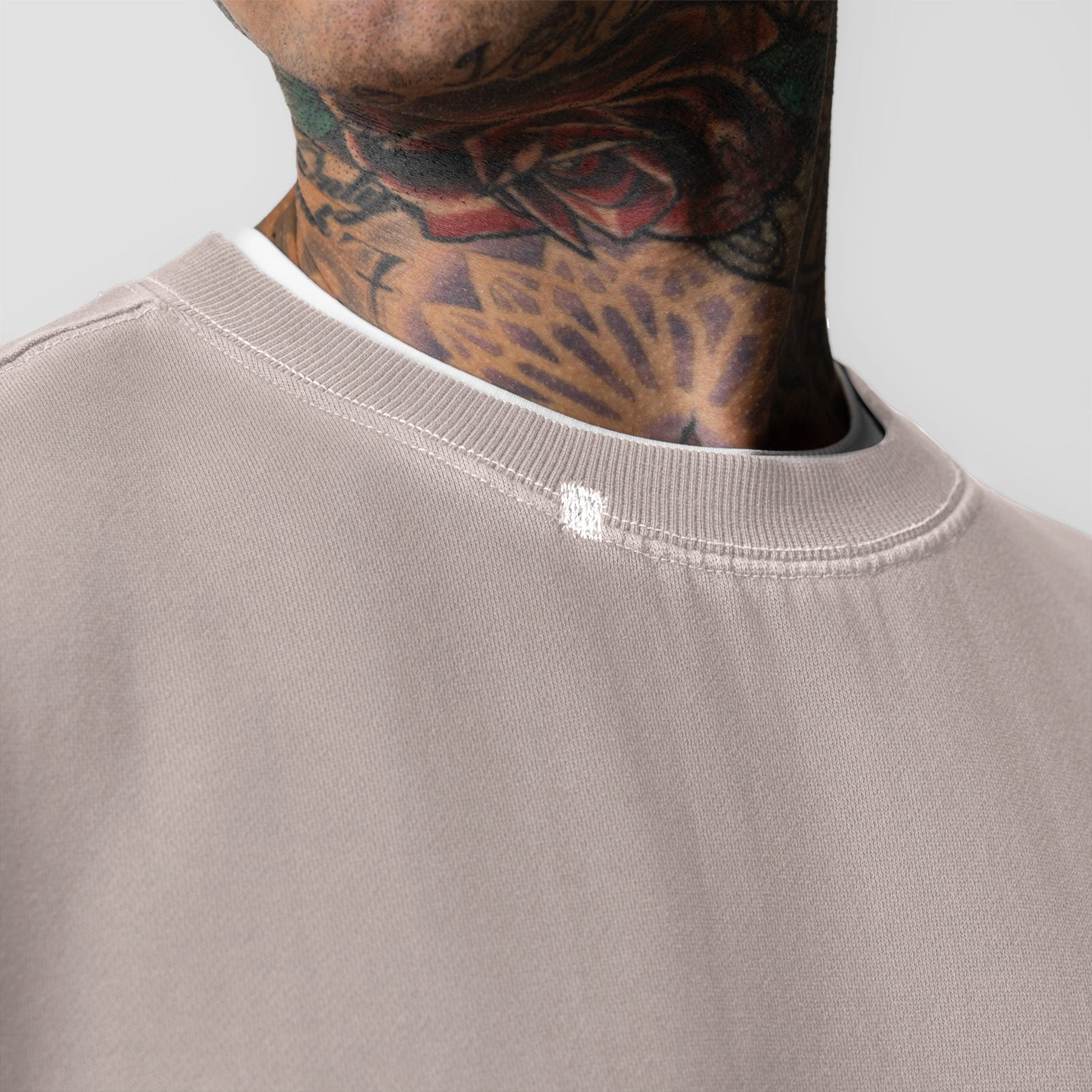 Tech Essential Distressed Crewneck in Faded Chai worn by model, close-up of neckline
