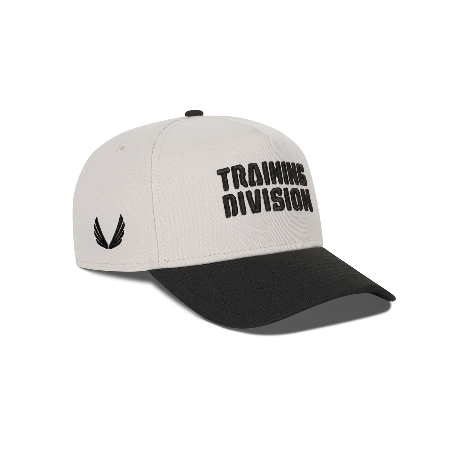 flatlay New Era 9Forty A-Frame Hat in stone and black with Training Division logo, front view