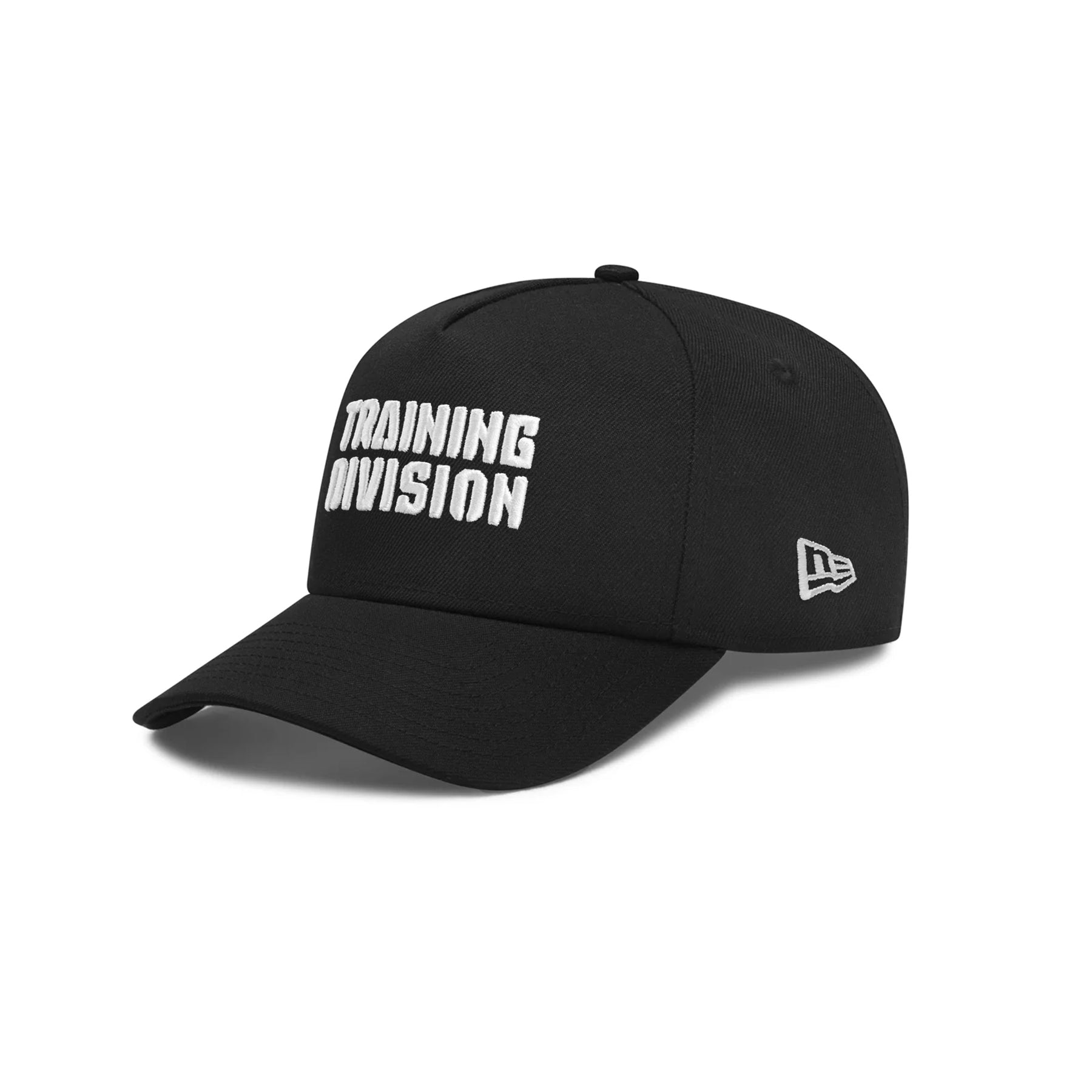 New Era 9Forty A-Frame Hat in black with white 'Training Division' text, front angle view