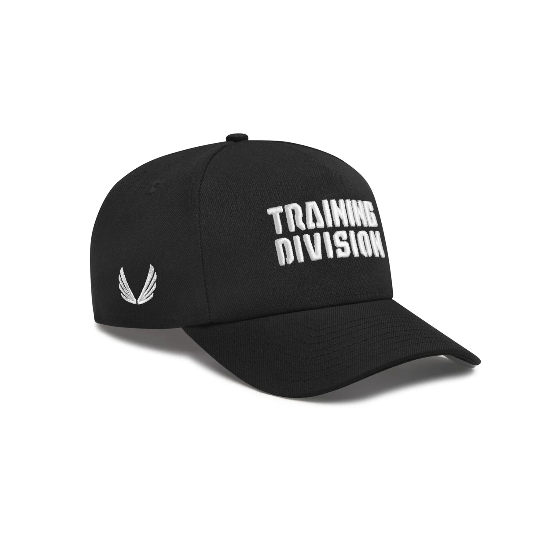 Black New Era 9Forty A-Frame hat with white 'Training Division' text, angled view