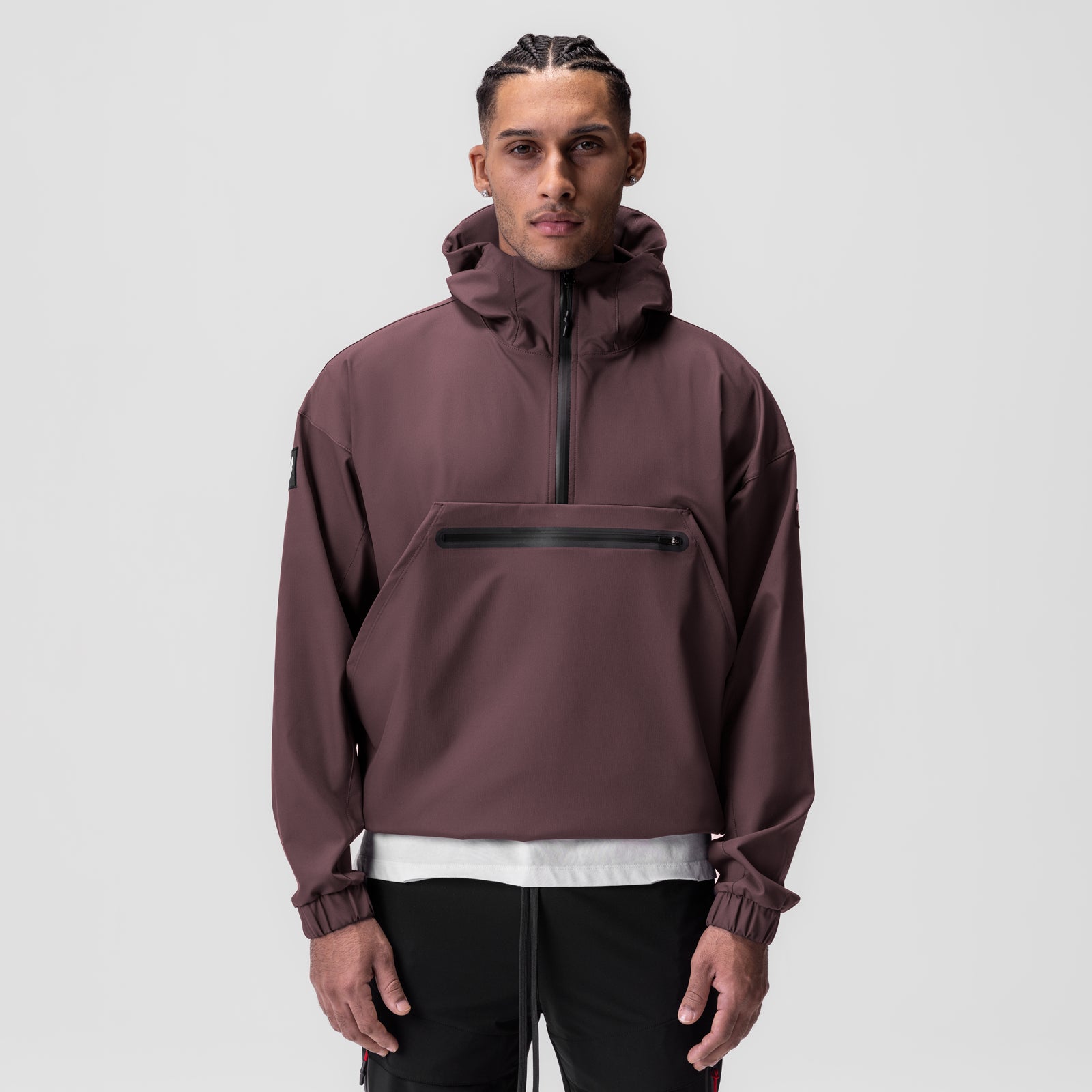 Weather-Ready Anorak Jacket in nightshade burgundy worn by model, front view